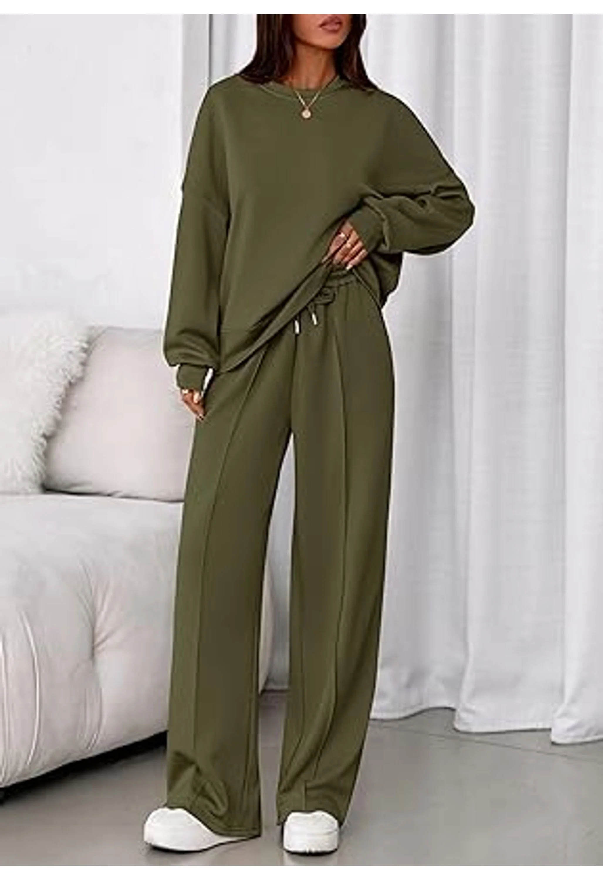 WomenTrendy Long Sleeve Sweatshirt Wide Leg Pants Loungewear Set - Image 2