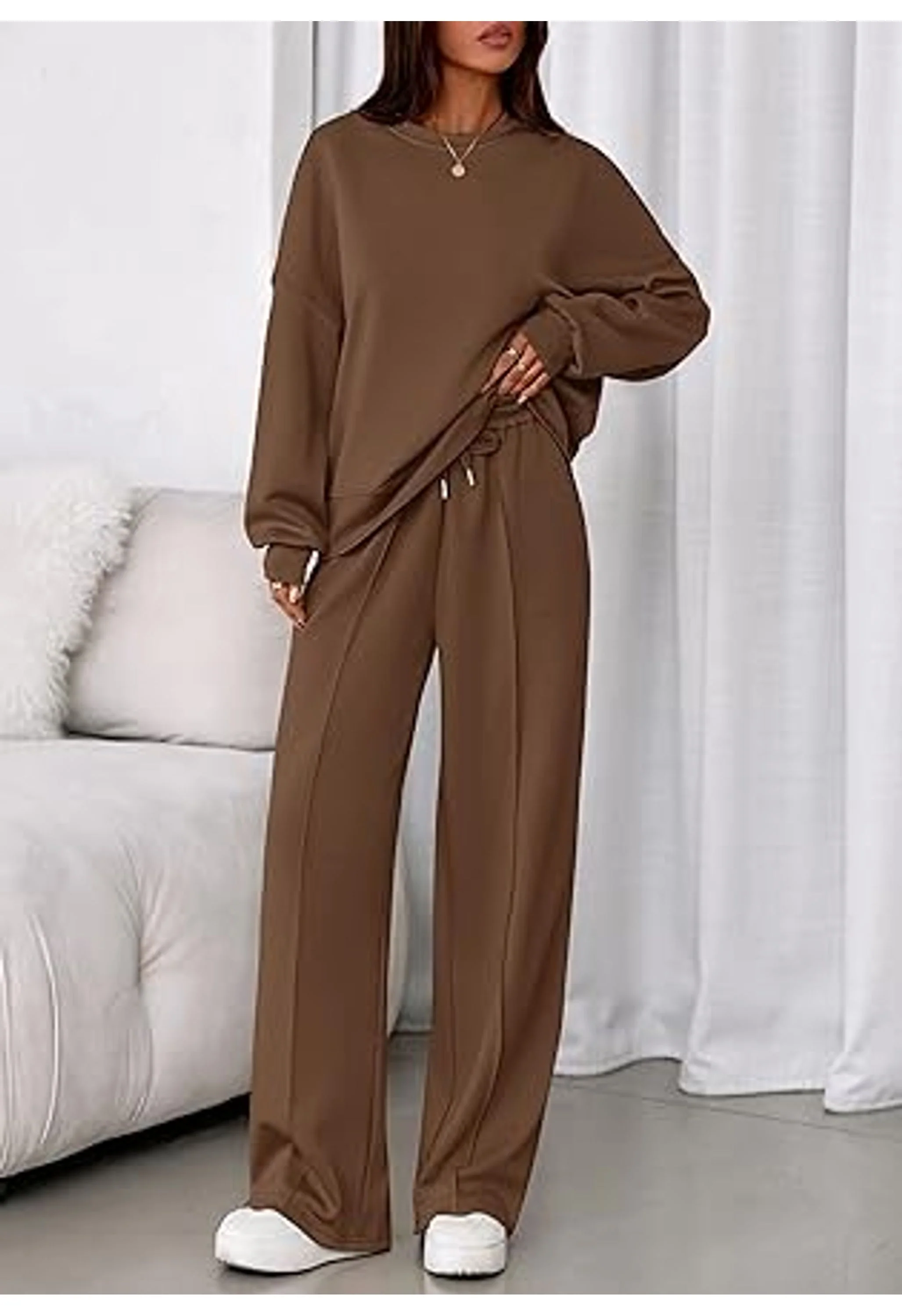 WomenTrendy Long Sleeve Sweatshirt Wide Leg Pants Loungewear Set - Image 2