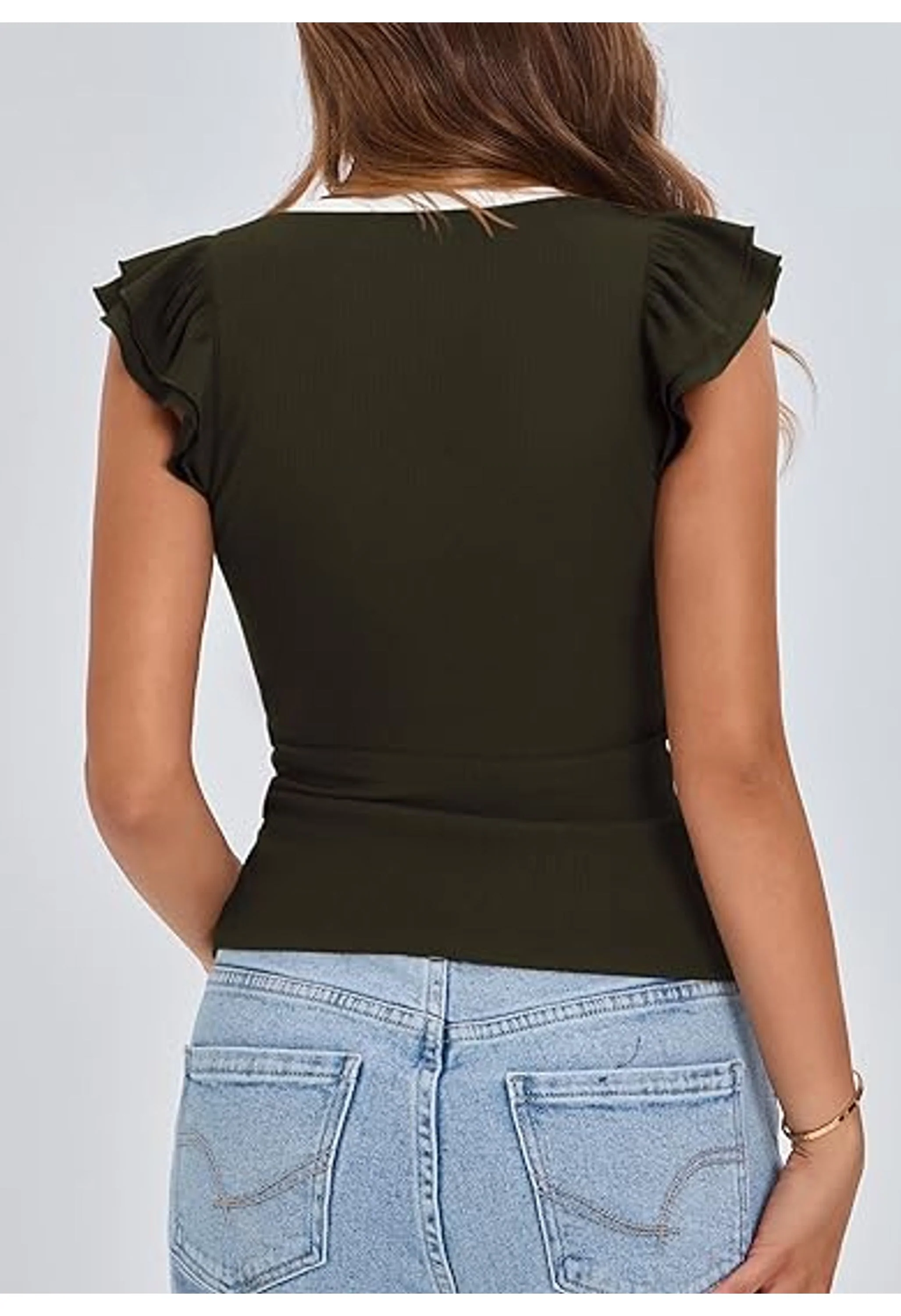 Women's V Neck Ruffle Sleeveless Slim Fit Top - Image 3