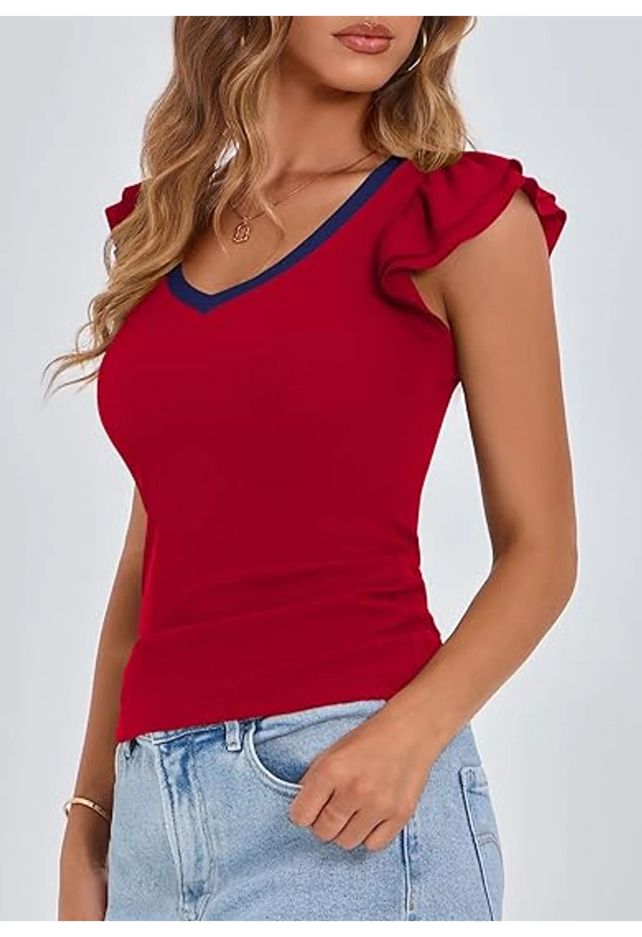 Women's V Neck Ruffle Sleeveless Slim Fit Top - Image 2