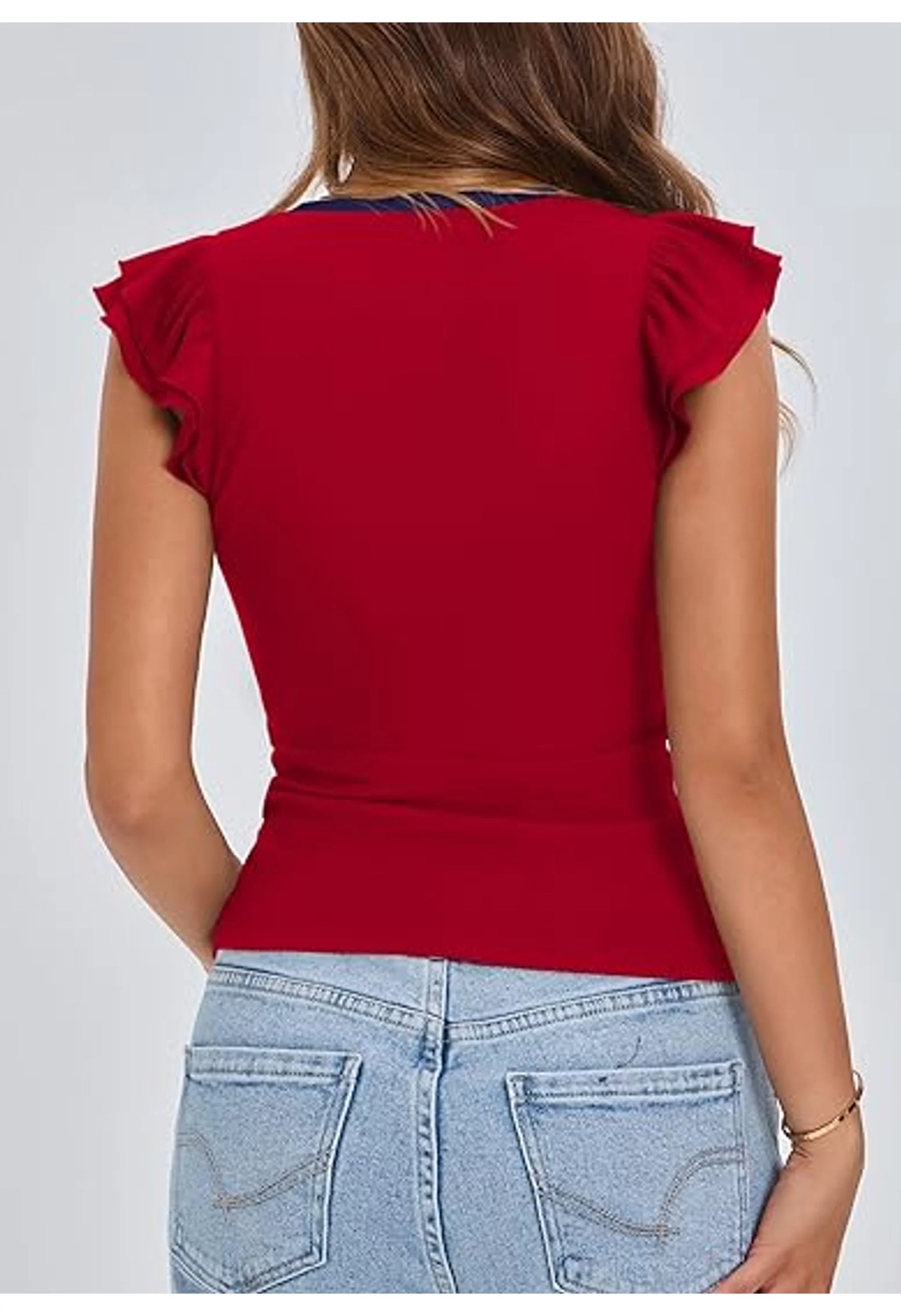Women's V Neck Ruffle Sleeveless Slim Fit Top - Image 3