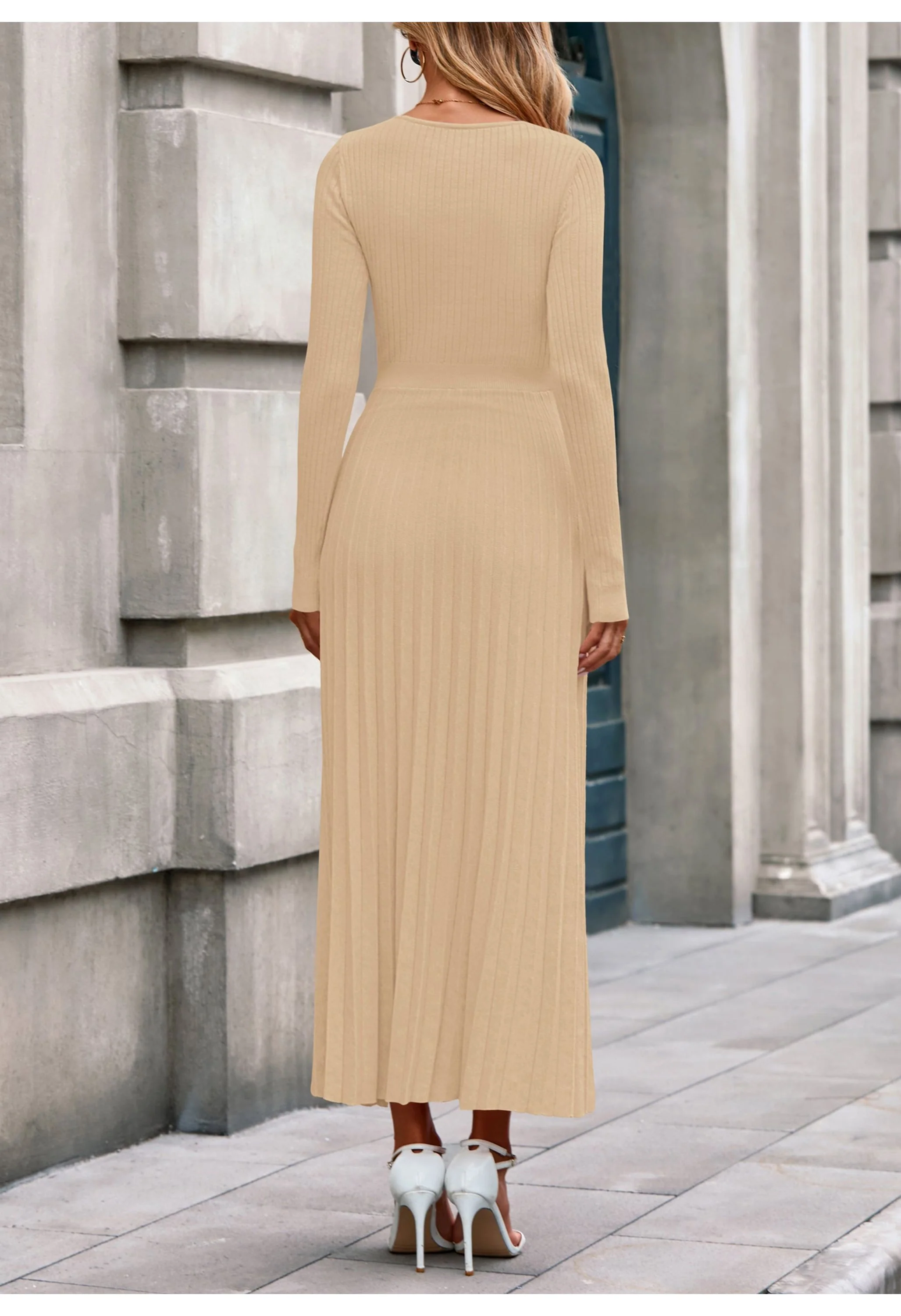 Women Sweater Dress Long Sleeve V Neck Elegant Maxi Winter Dresses - Image 2