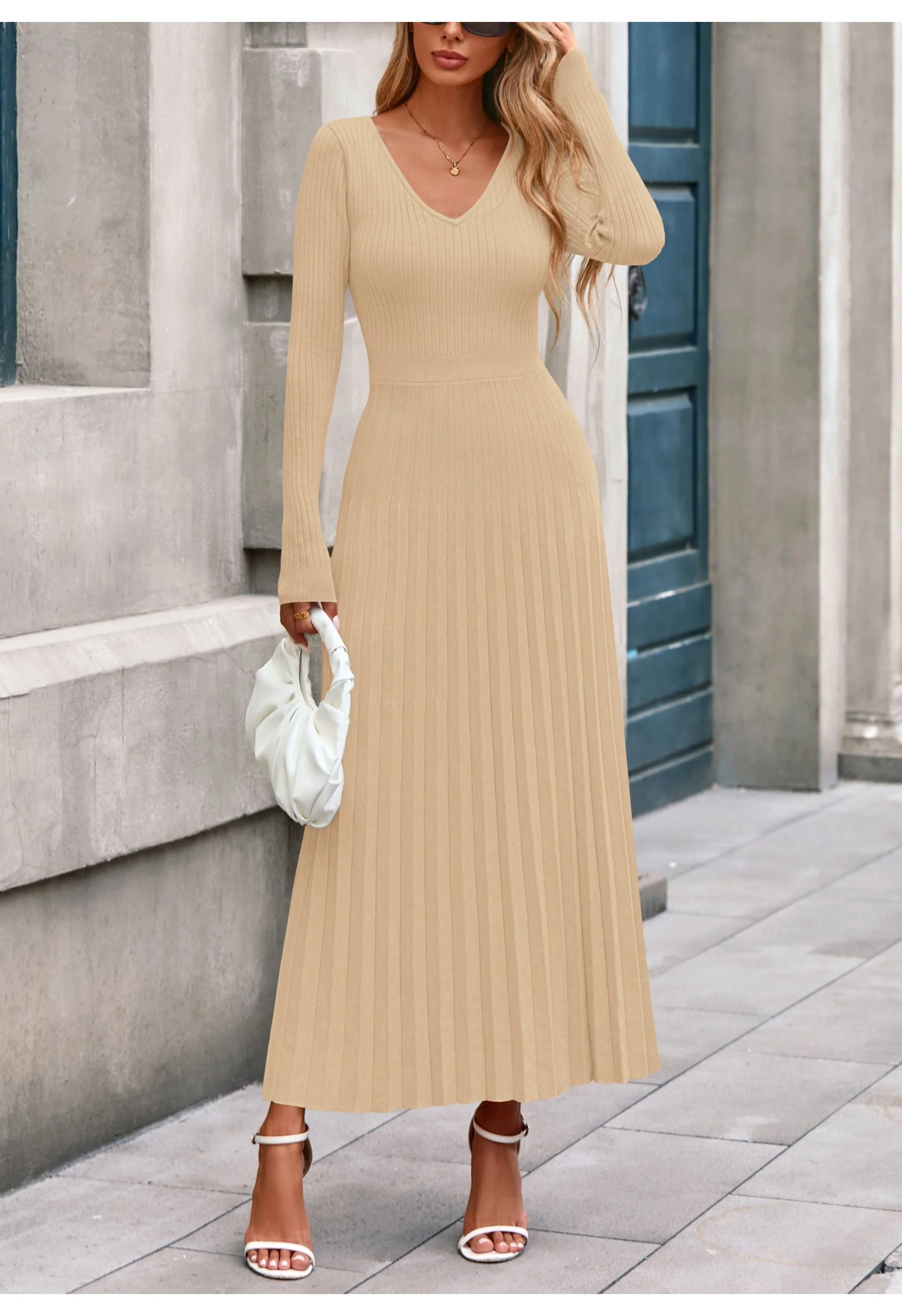 Women Sweater Dress Long Sleeve V Neck Elegant Maxi Winter Dresses - Image 3