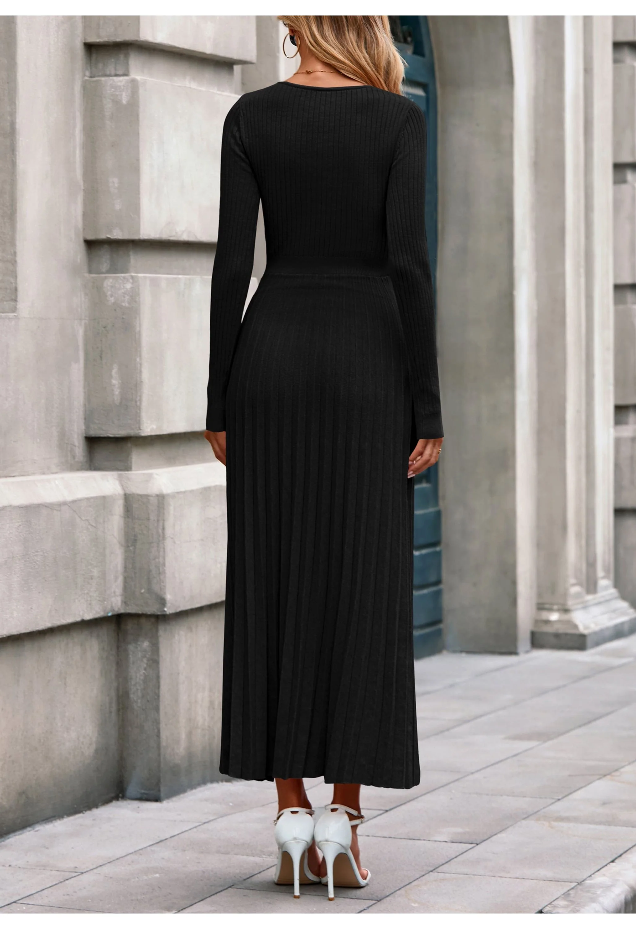 Women Sweater Dress Long Sleeve V Neck Elegant Maxi Winter Dresses - Image 2