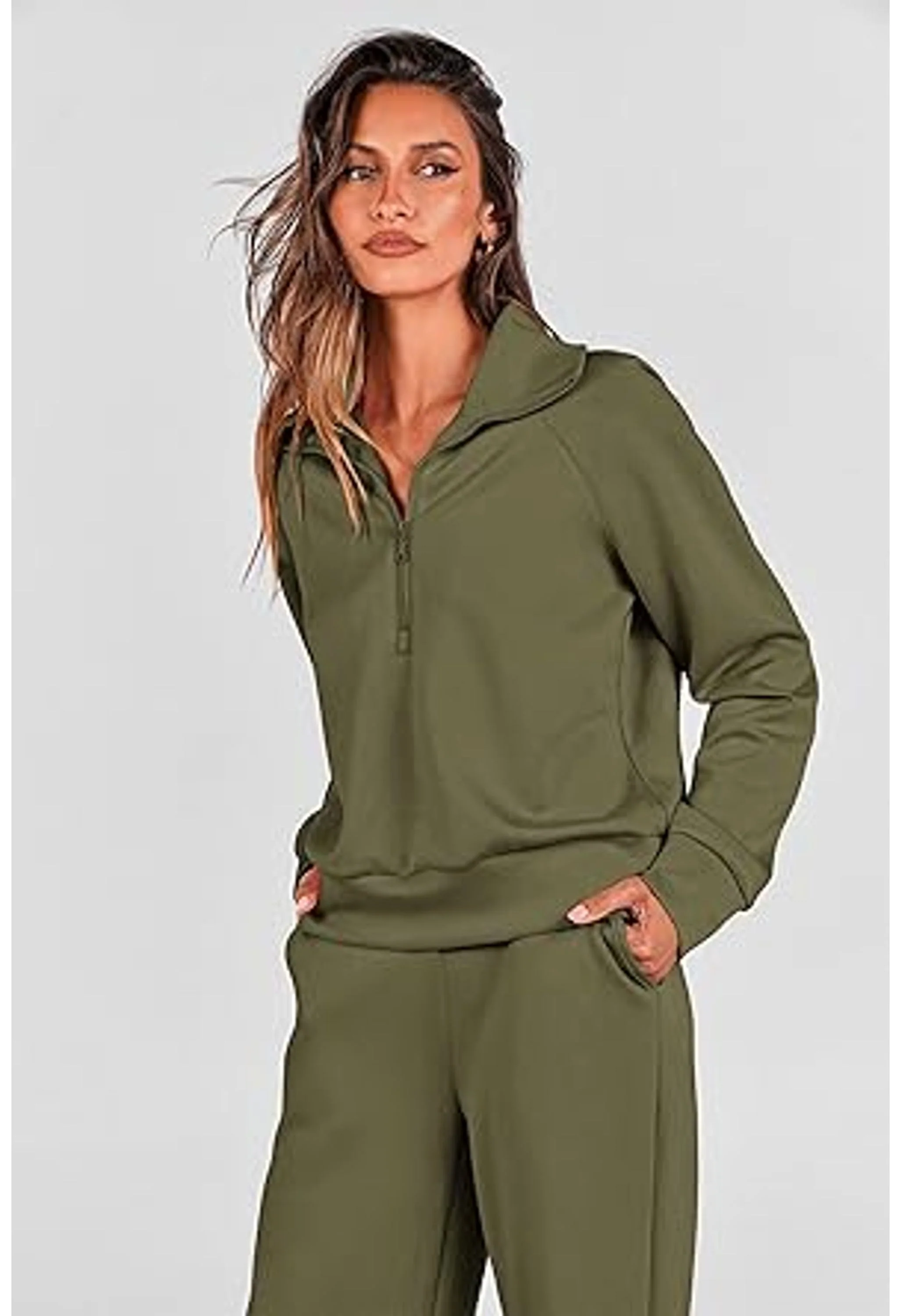 Women's Casual Lapel Half Zip Sweatshirts And Wide Leg Pants Tracksuit Sets - Image 2