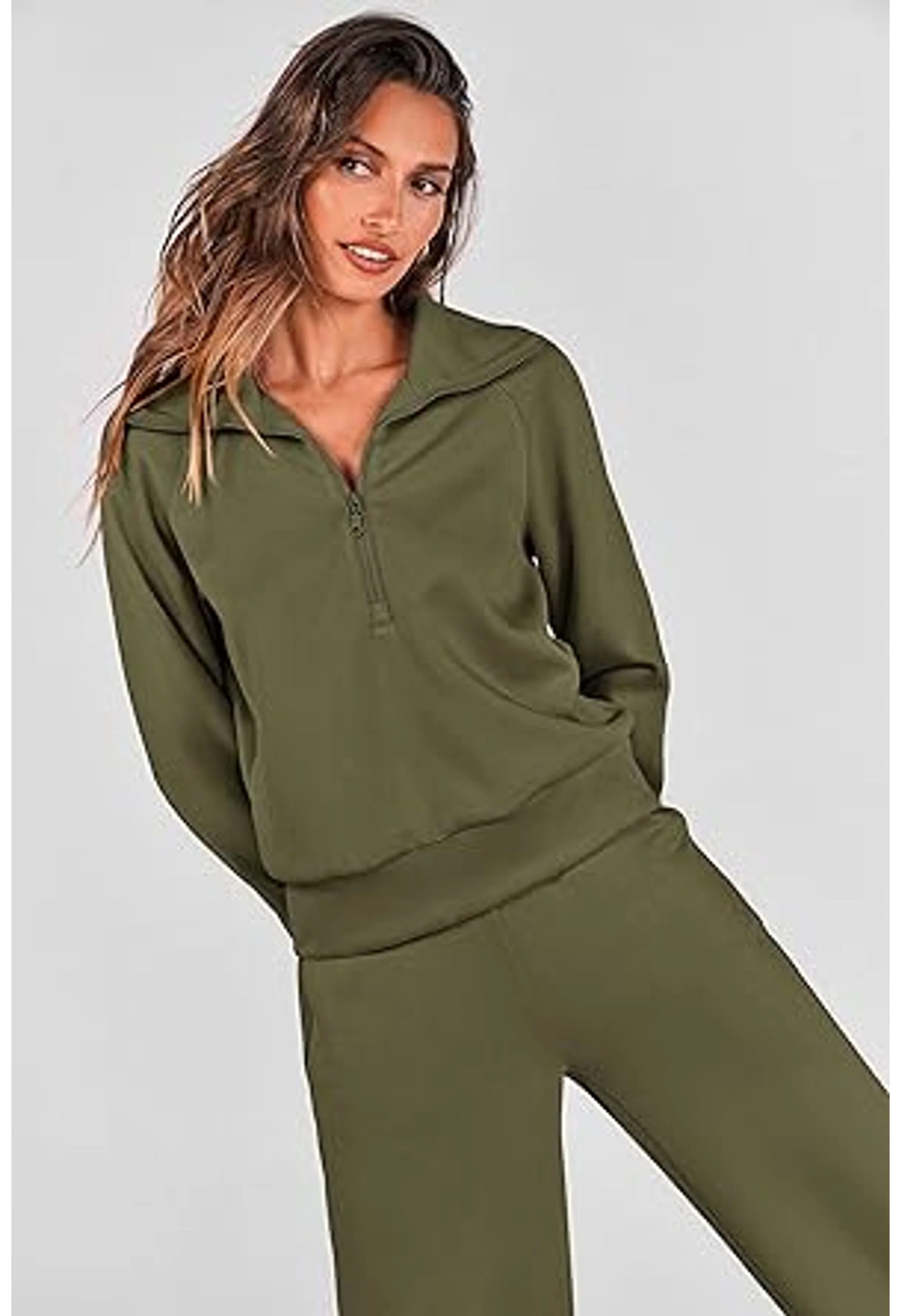 Women's Casual Lapel Half Zip Sweatshirts And Wide Leg Pants Tracksuit Sets - Image 3