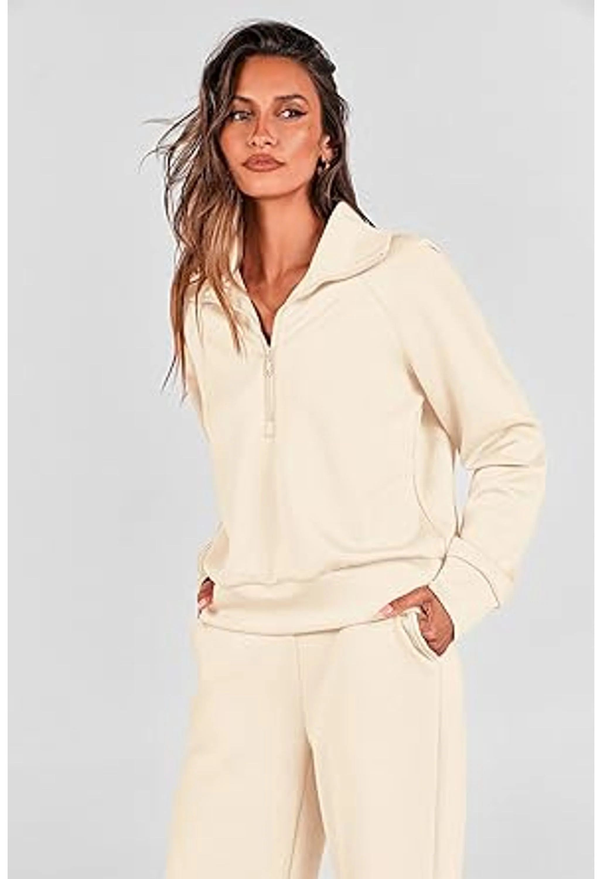 Women's Casual Lapel Half Zip Sweatshirts And Wide Leg Pants Tracksuit Sets - Image 2