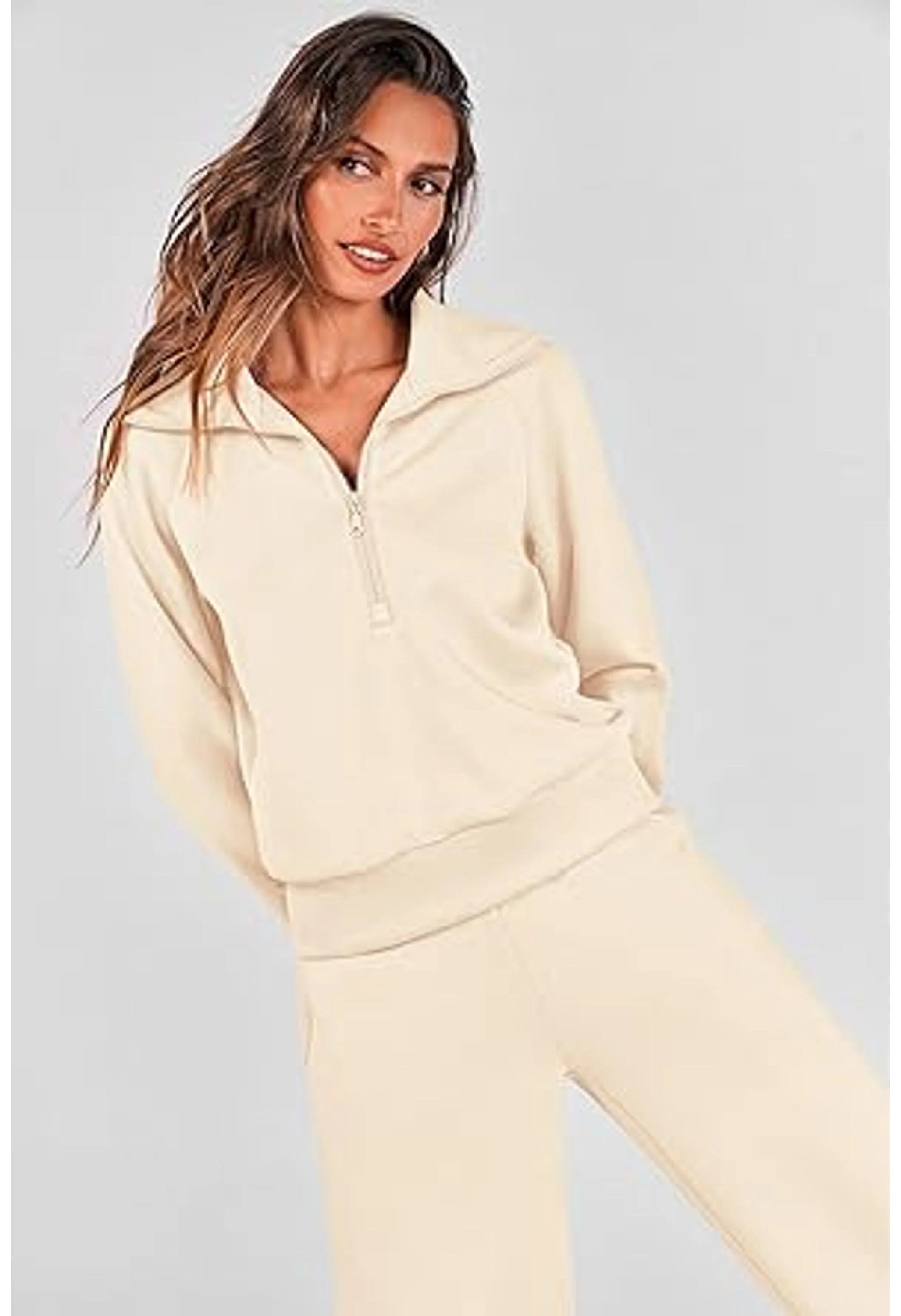 Women's Casual Lapel Half Zip Sweatshirts And Wide Leg Pants Tracksuit Sets - Image 3