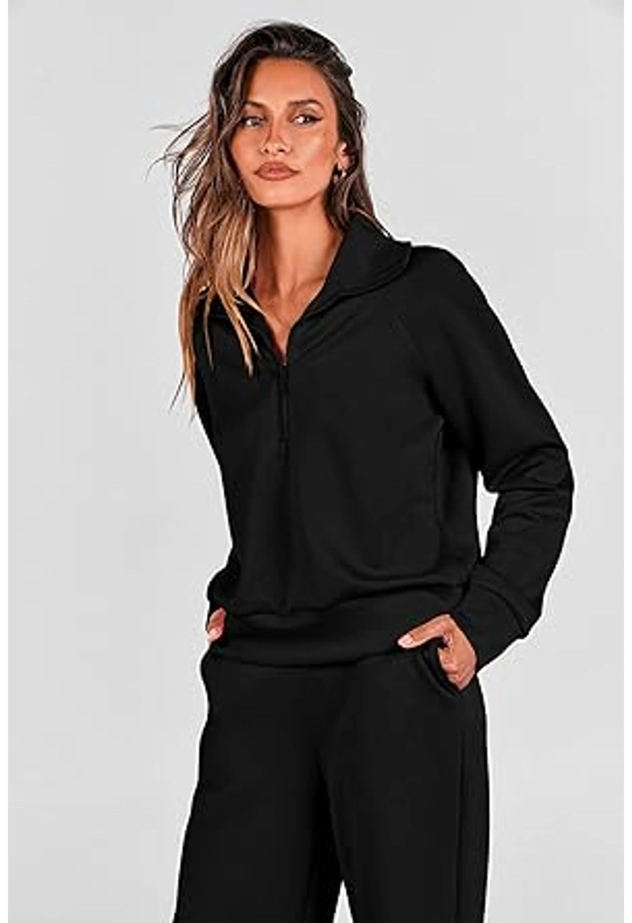 Women's Casual Lapel Half Zip Sweatshirts And Wide Leg Pants Tracksuit Sets - Image 2