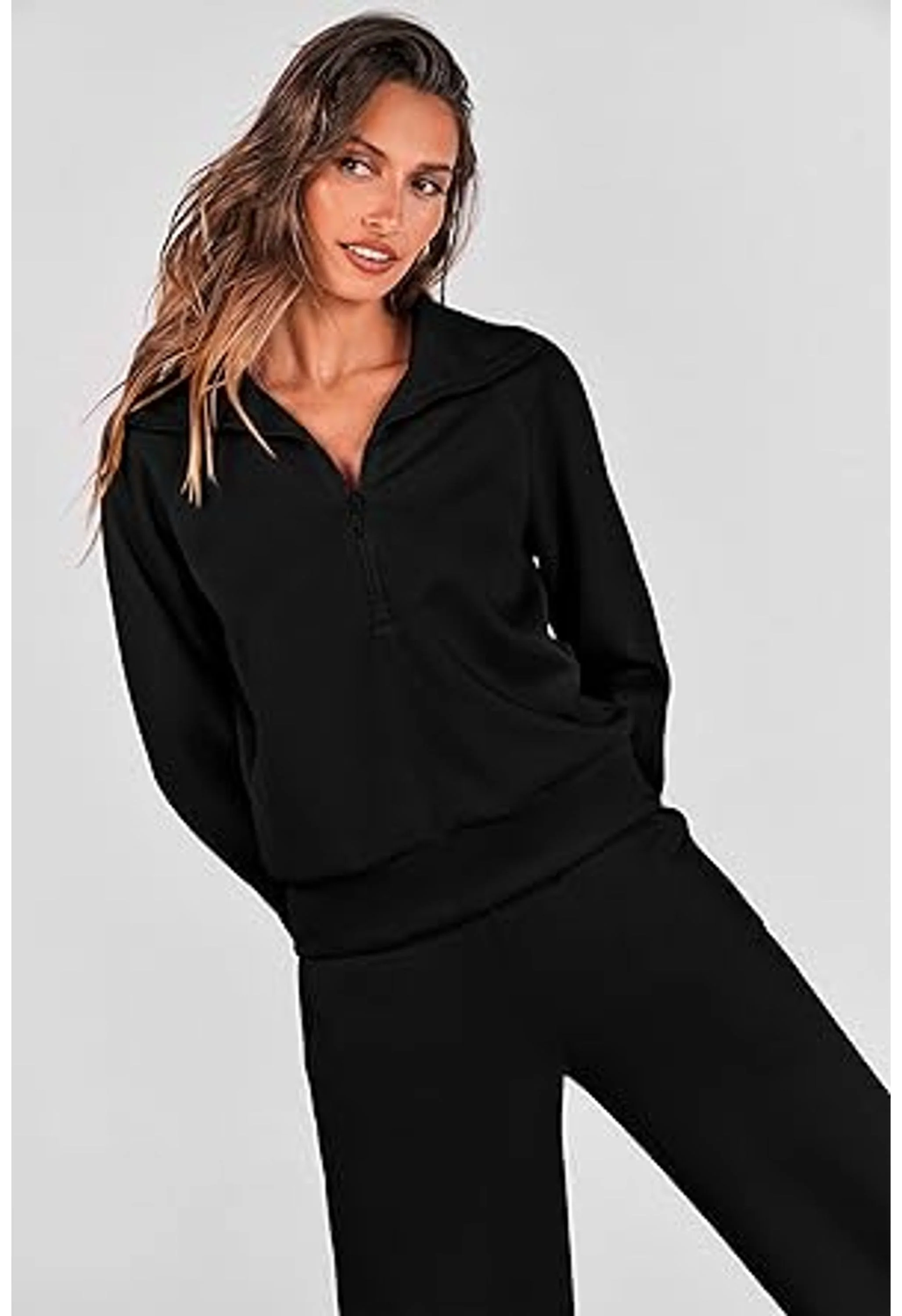 Women's Casual Lapel Half Zip Sweatshirts And Wide Leg Pants Tracksuit Sets - Image 3