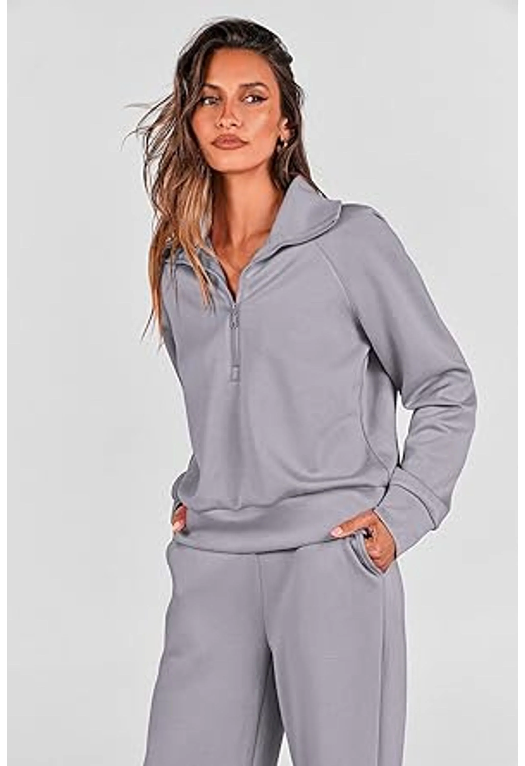 Women's Casual Lapel Half Zip Sweatshirts And Wide Leg Pants Tracksuit Sets - Image 2