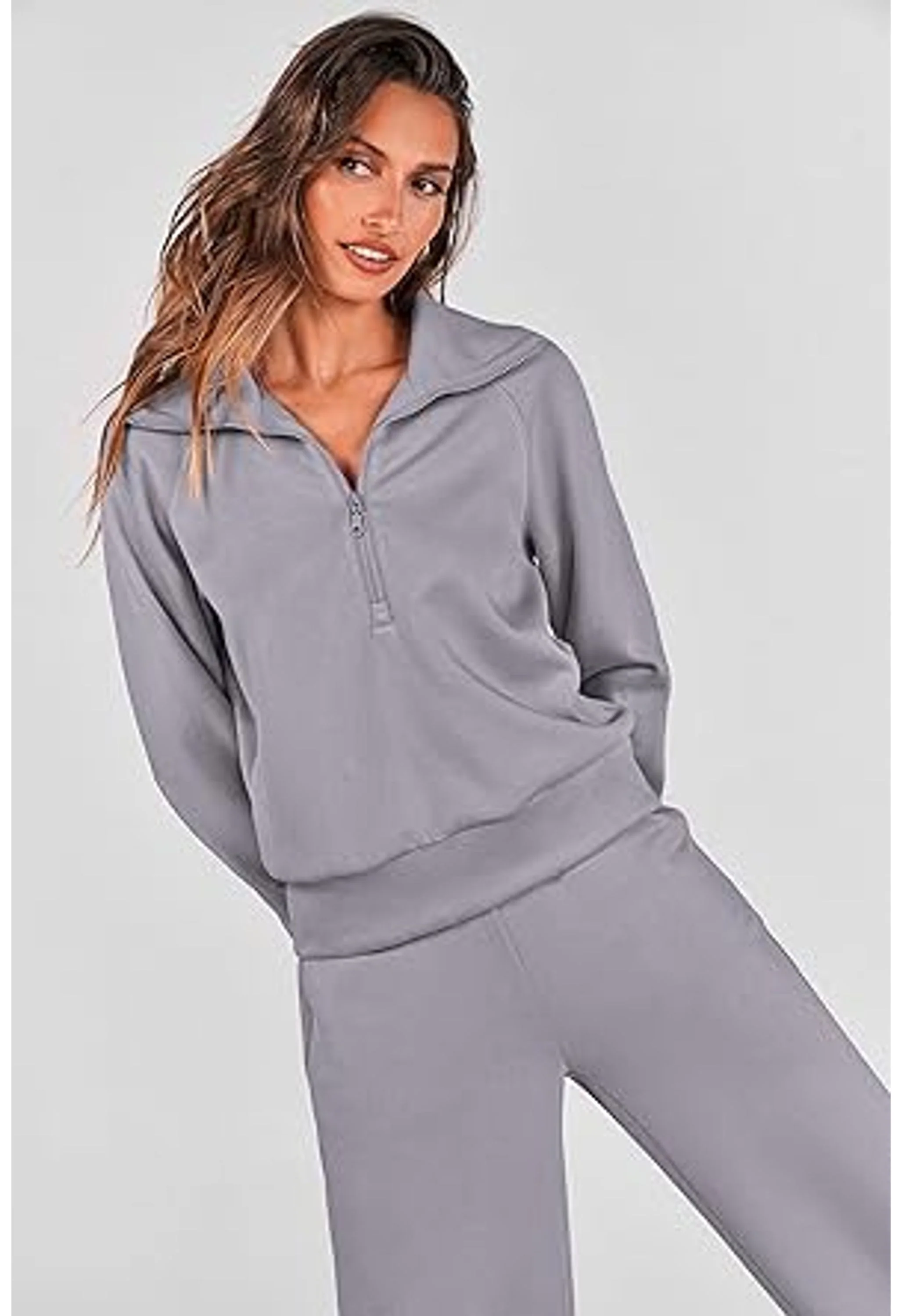 Women's Casual Lapel Half Zip Sweatshirts And Wide Leg Pants Tracksuit Sets - Image 3