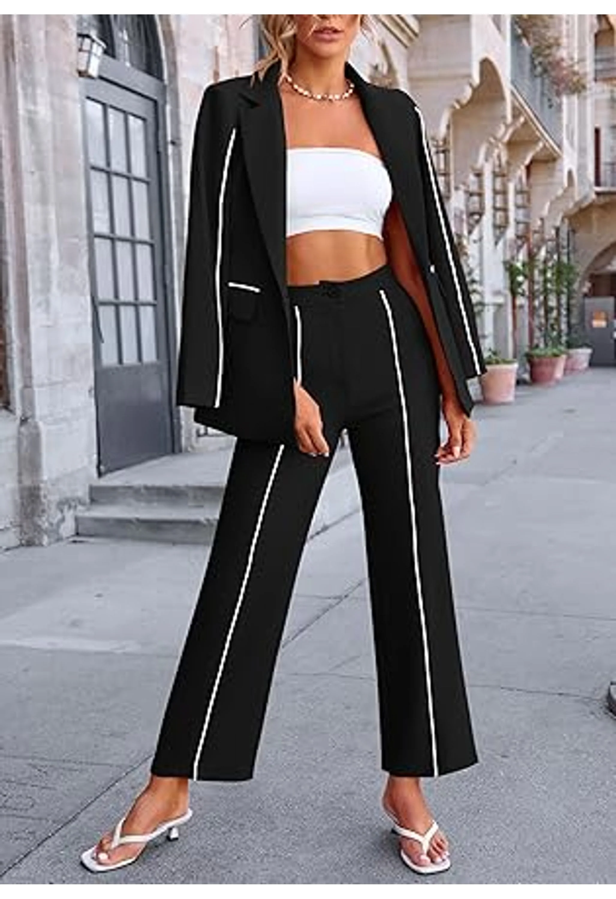 Women's Business Casual Oversized Jacket Wide Leg Work Pants Dressy Suit Set - Image 3