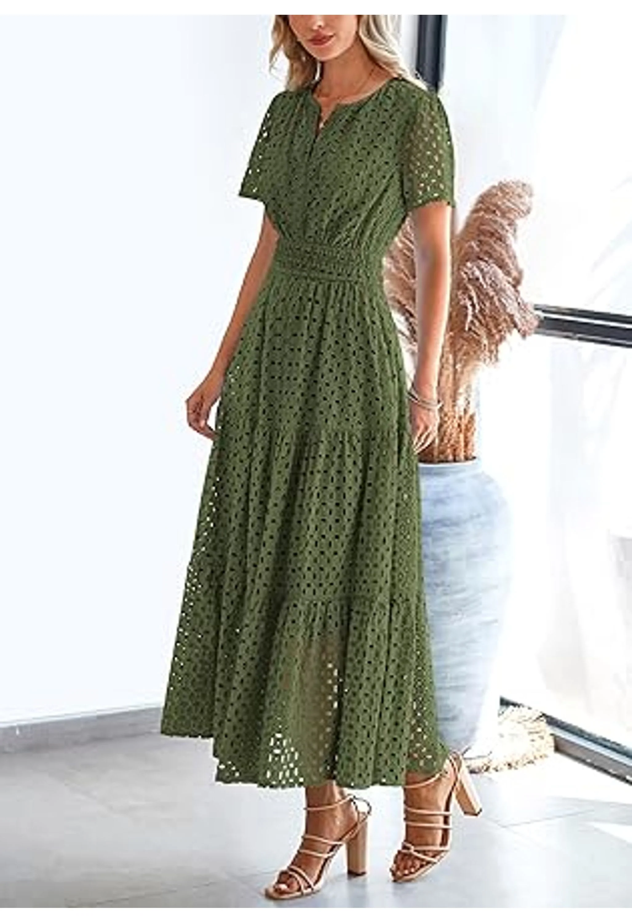 Women's Short Sleeve V Neck Eyelet Maxi Dress - Image 2