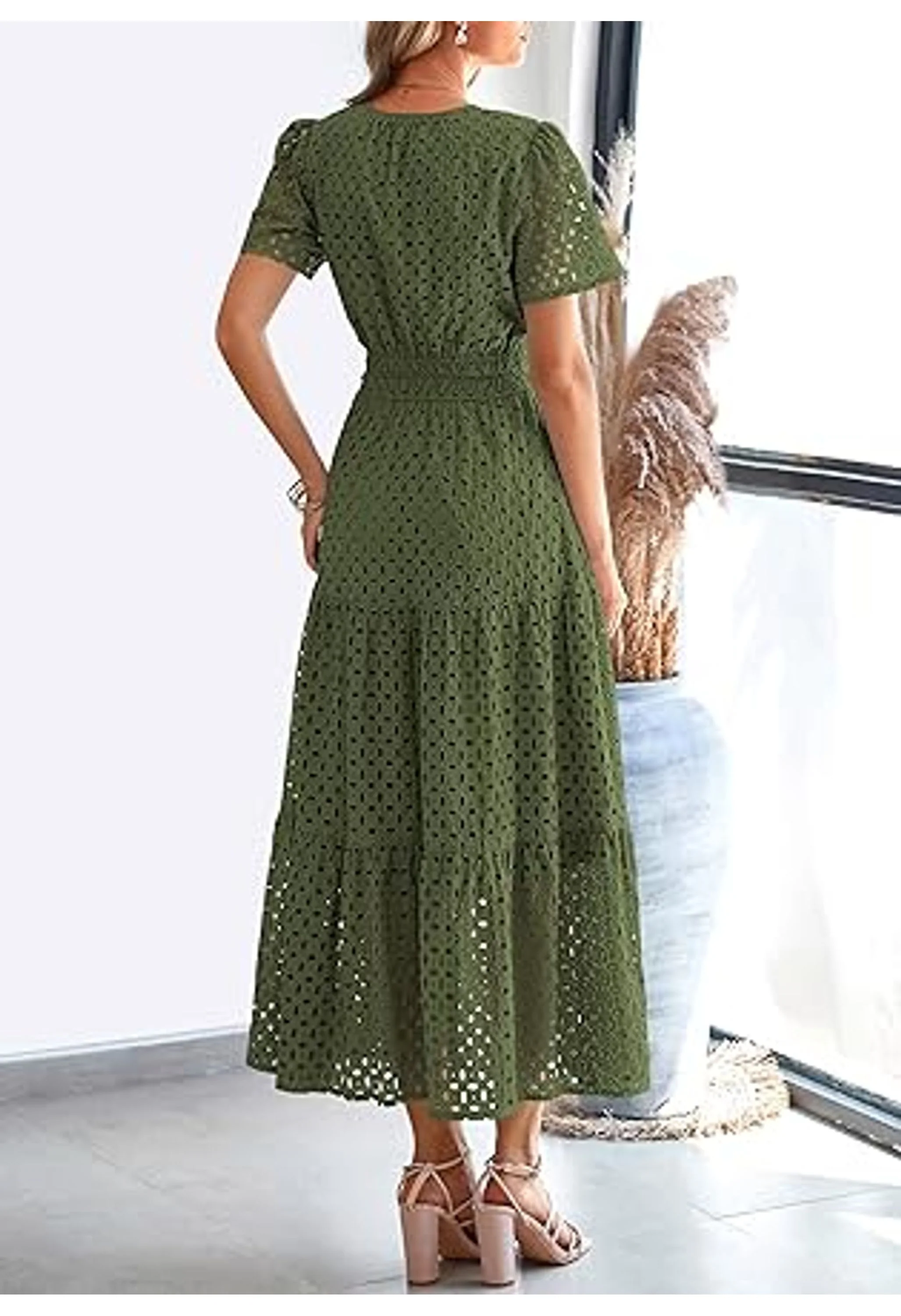 Women's Short Sleeve V Neck Eyelet Maxi Dress - Image 3