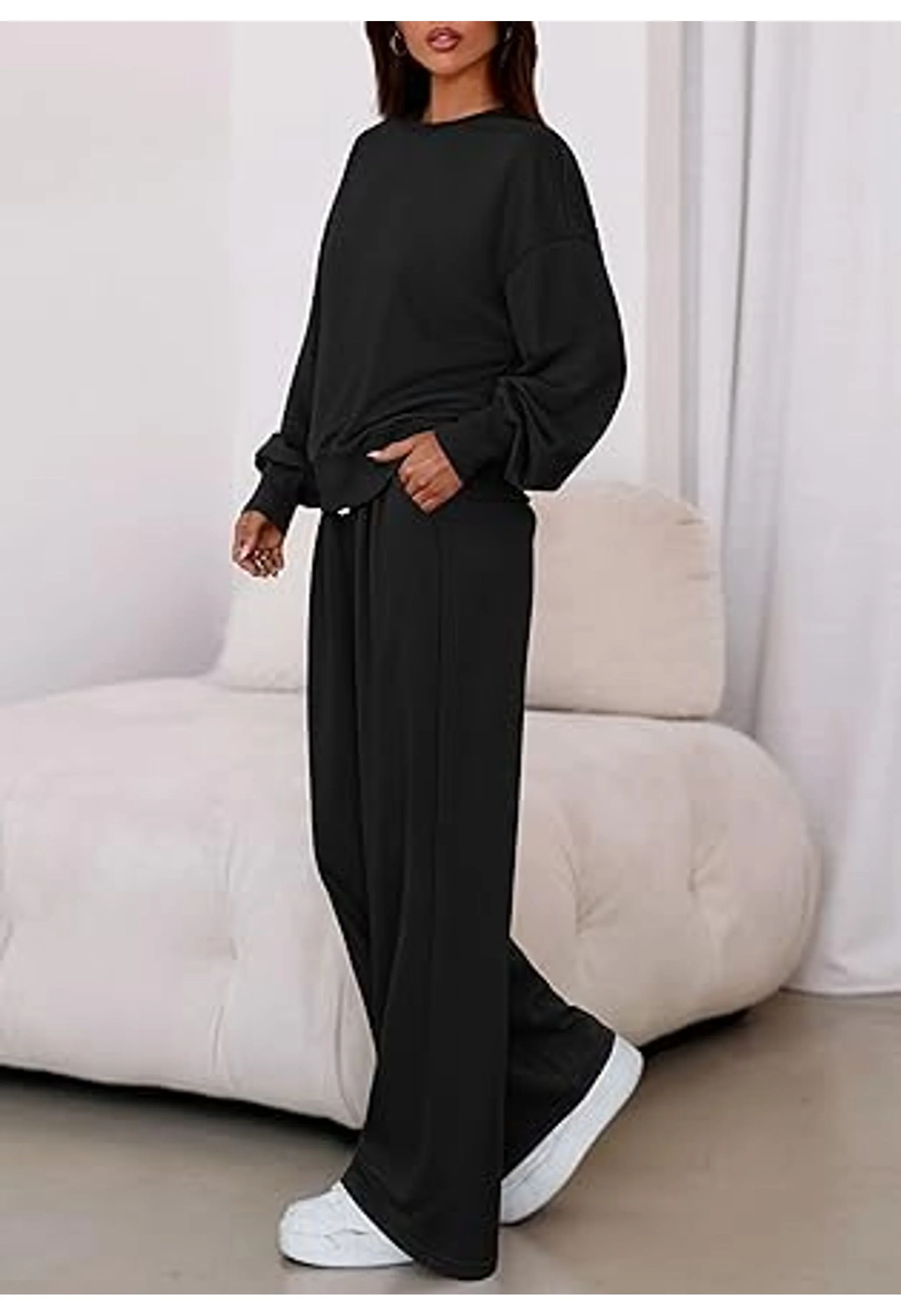Womens 2 Piece Sets Long Sleeve Sweatshirt Wide Leg Pants Loose Matching Lounge Set - Image 2
