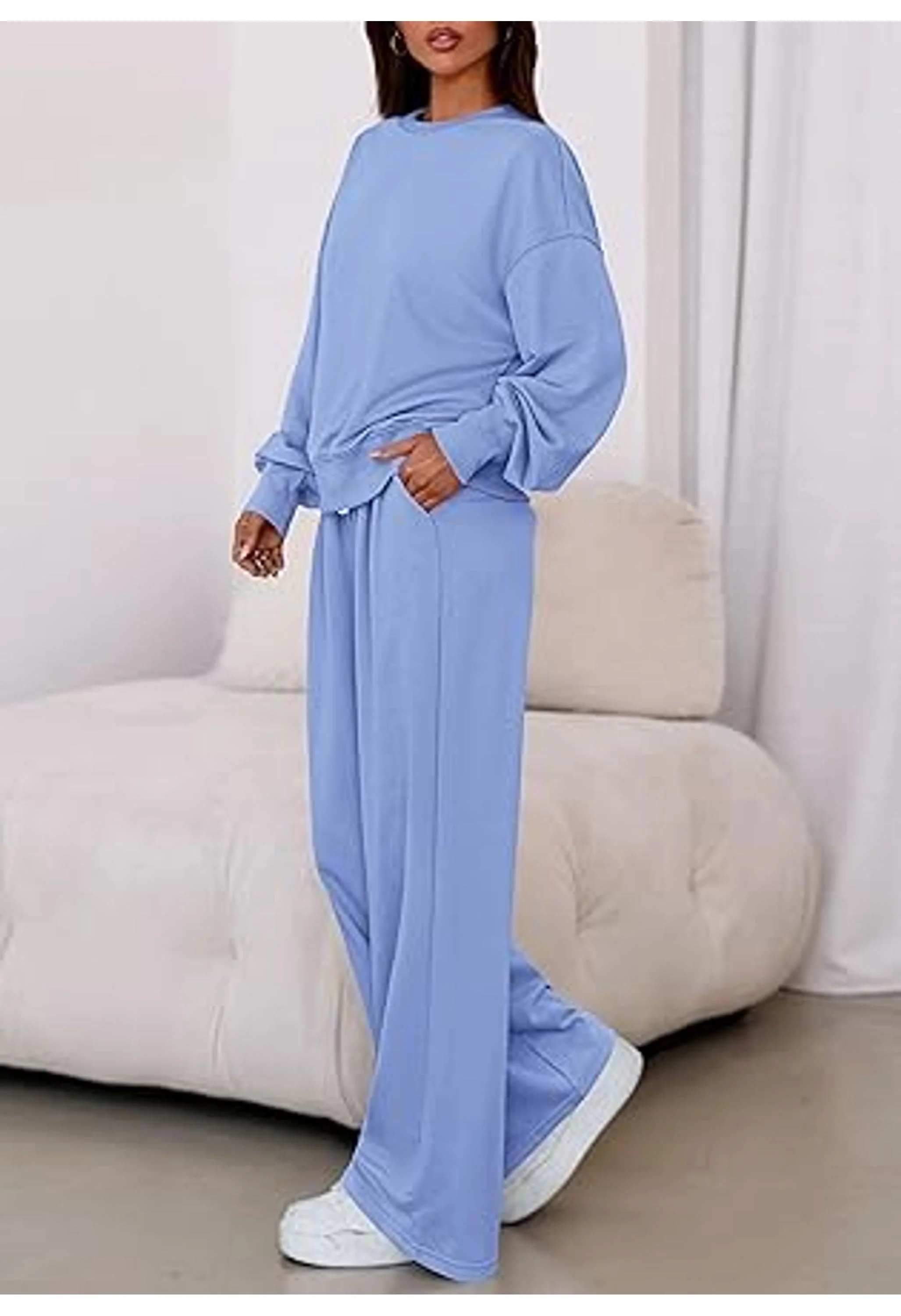 Womens 2 Piece Sets Long Sleeve Sweatshirt Wide Leg Pants Loose Matching Lounge Set - Image 2
