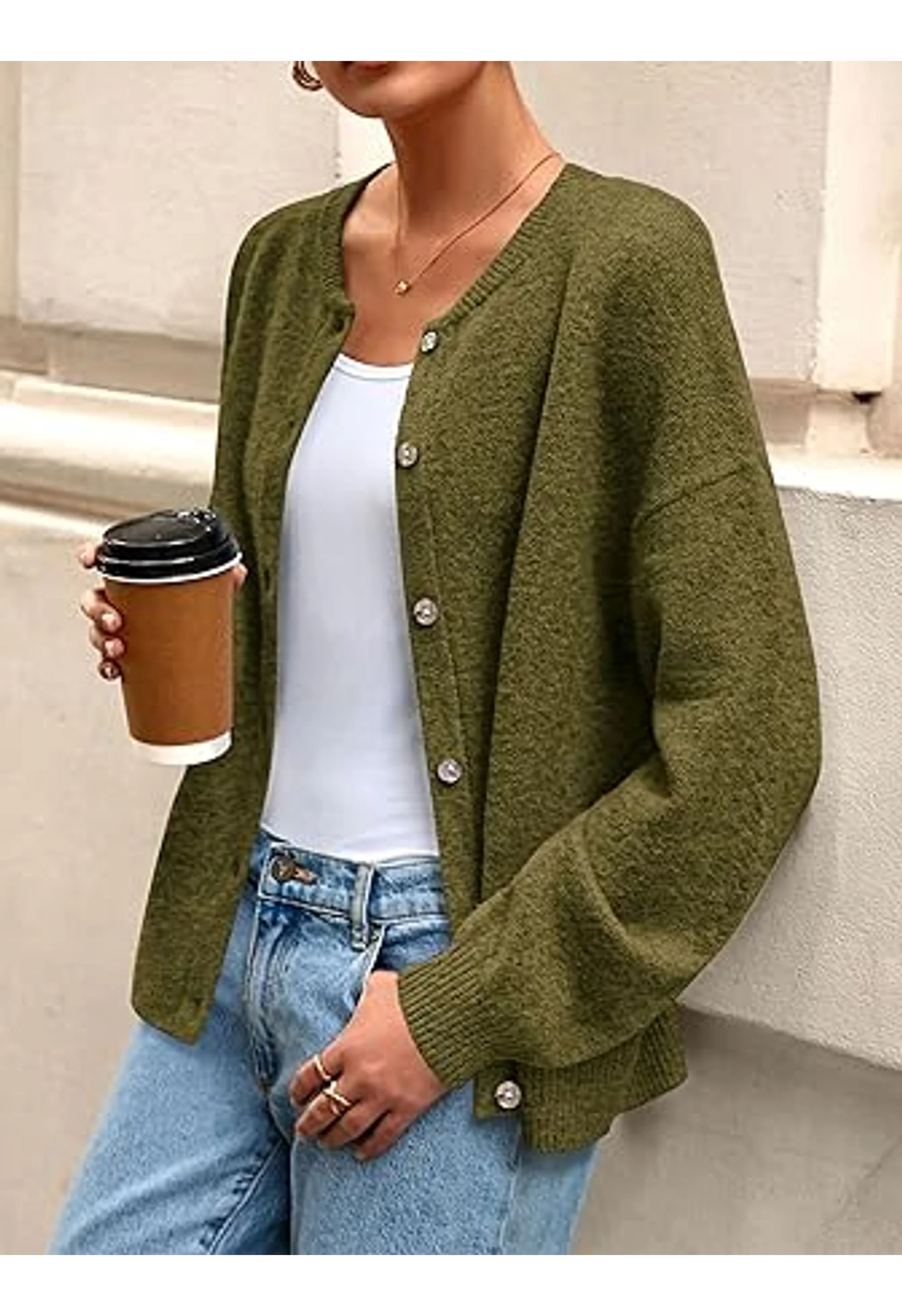 Women's Lightweight Button Down Crewneck Loose Knit Sweater - Image 2