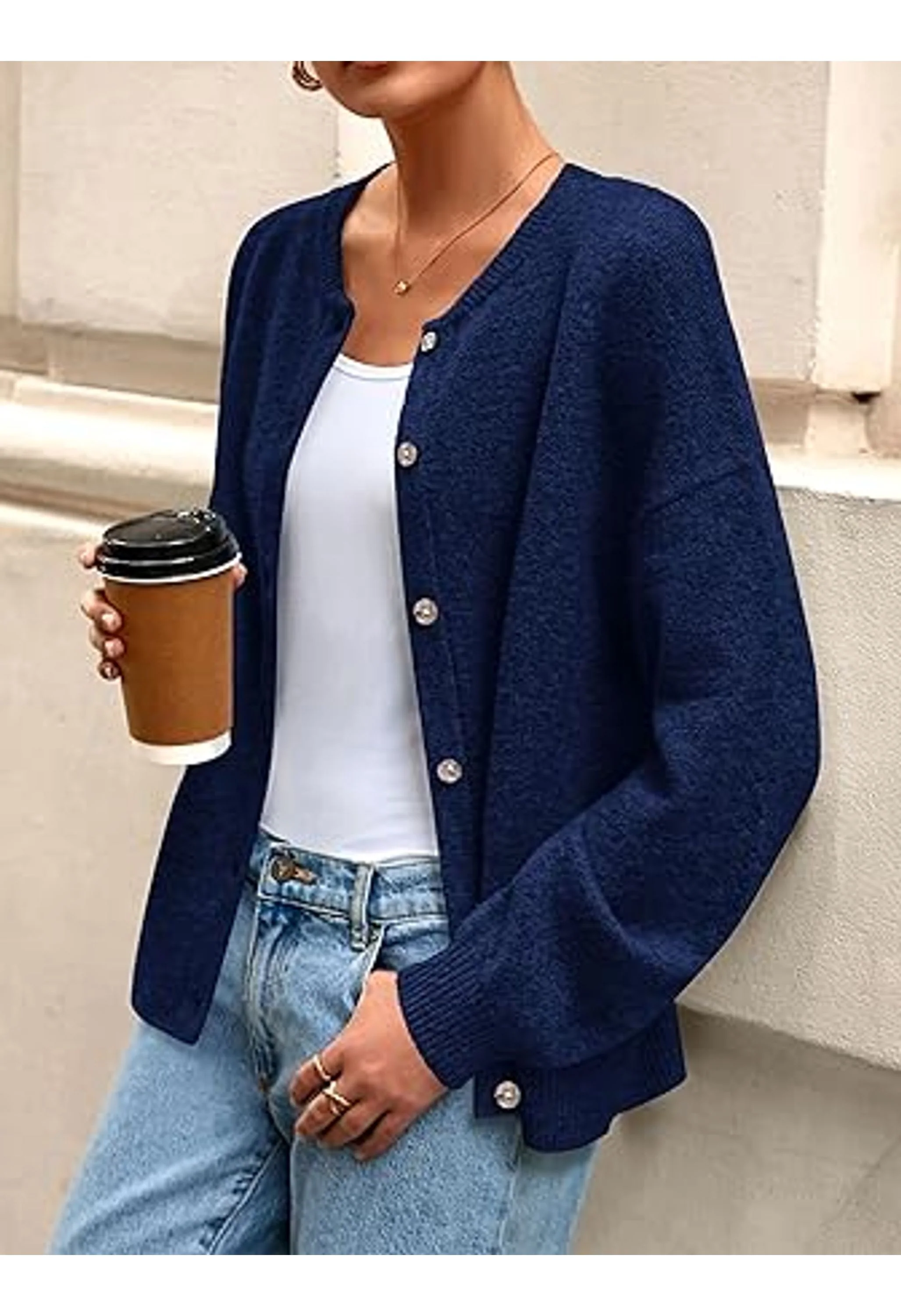 Women's Lightweight Button Down Crewneck Loose Knit Sweater - Image 2