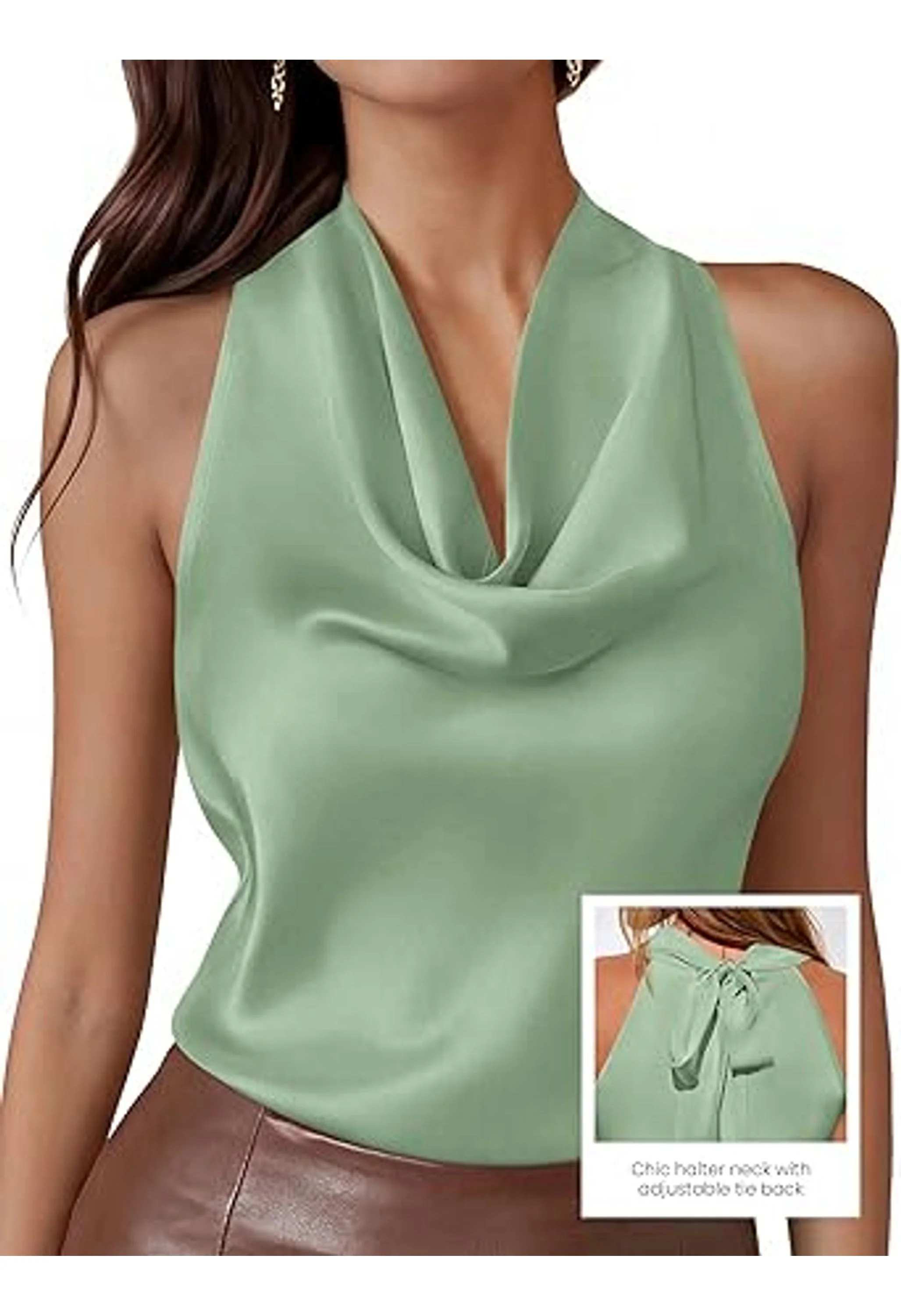 Women Summer Silk Satin Halter Cowl Neck Top - Image 3