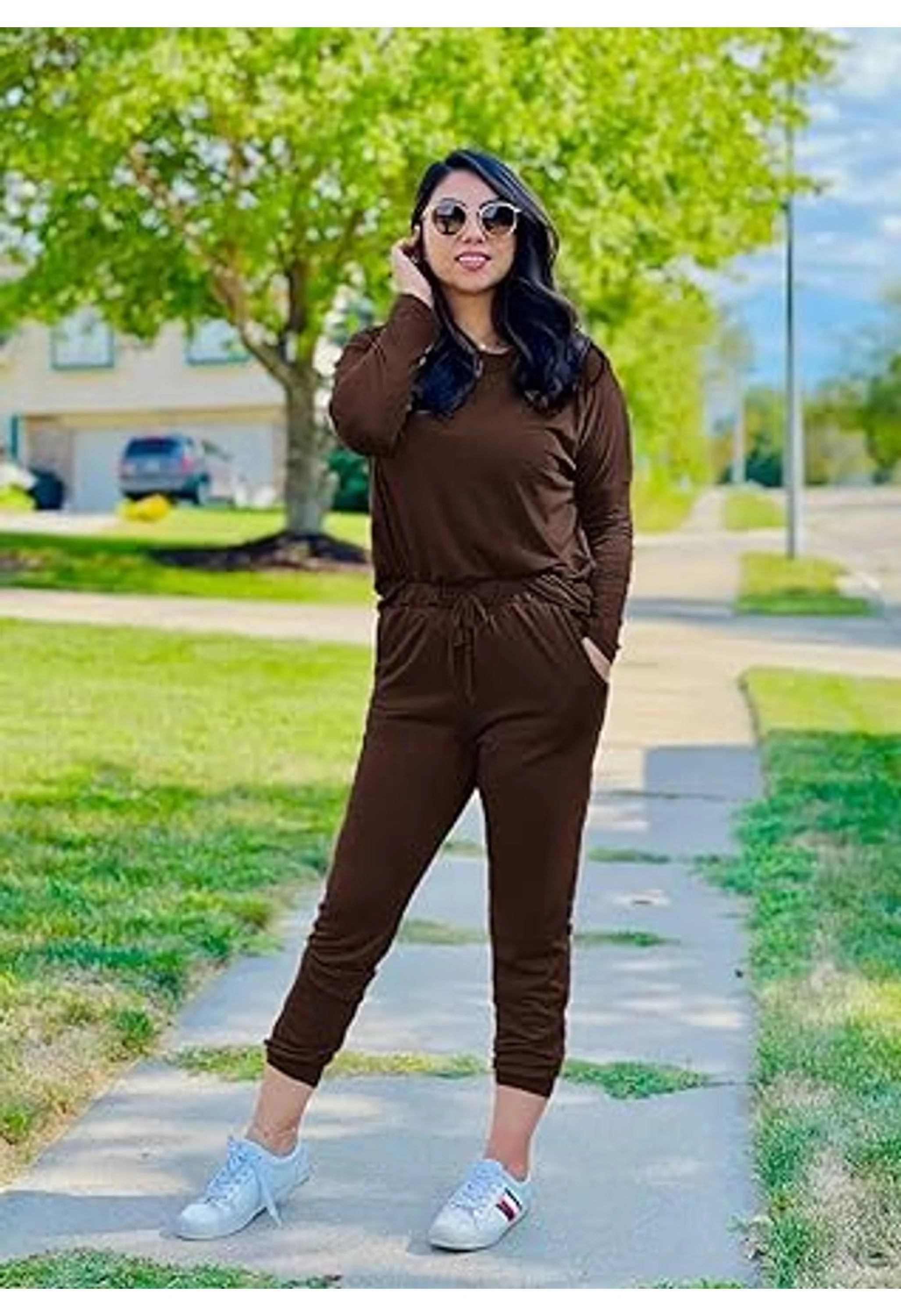 Women's Long Sleeve Tops High Waisted Jogger Pants Set - Image 3