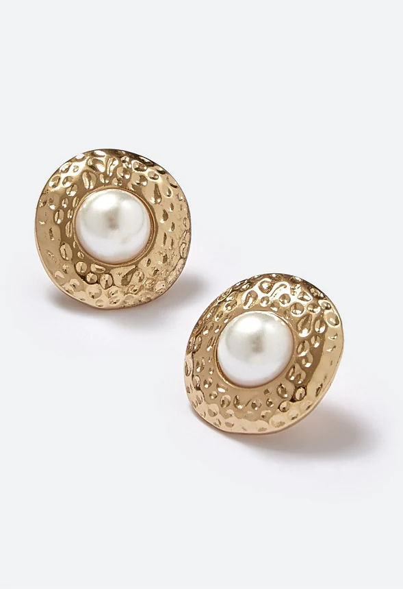 Pria Hammered Metal Surround And Glass Pearl Stud Earrings - Image 3