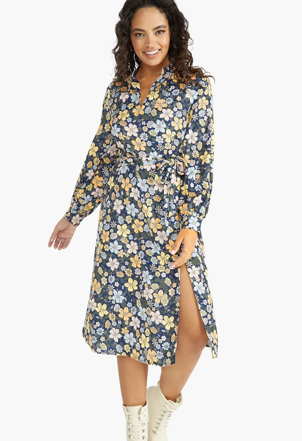Printed Slit Midi Dress