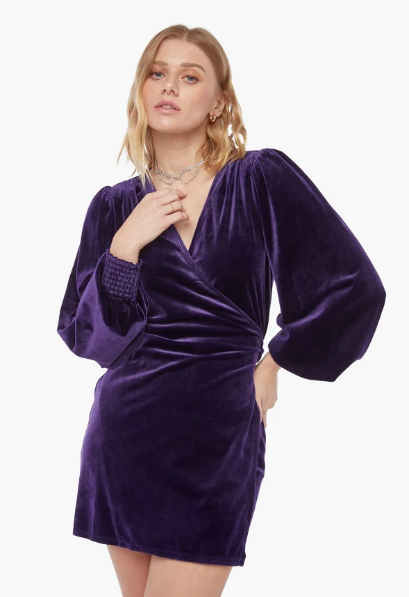 Puff Sleeve Velvet Wrap Dress - Image 2