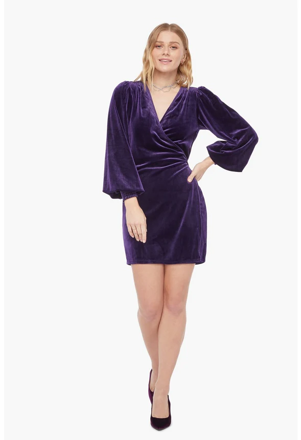 Puff Sleeve Velvet Wrap Dress - Image 3