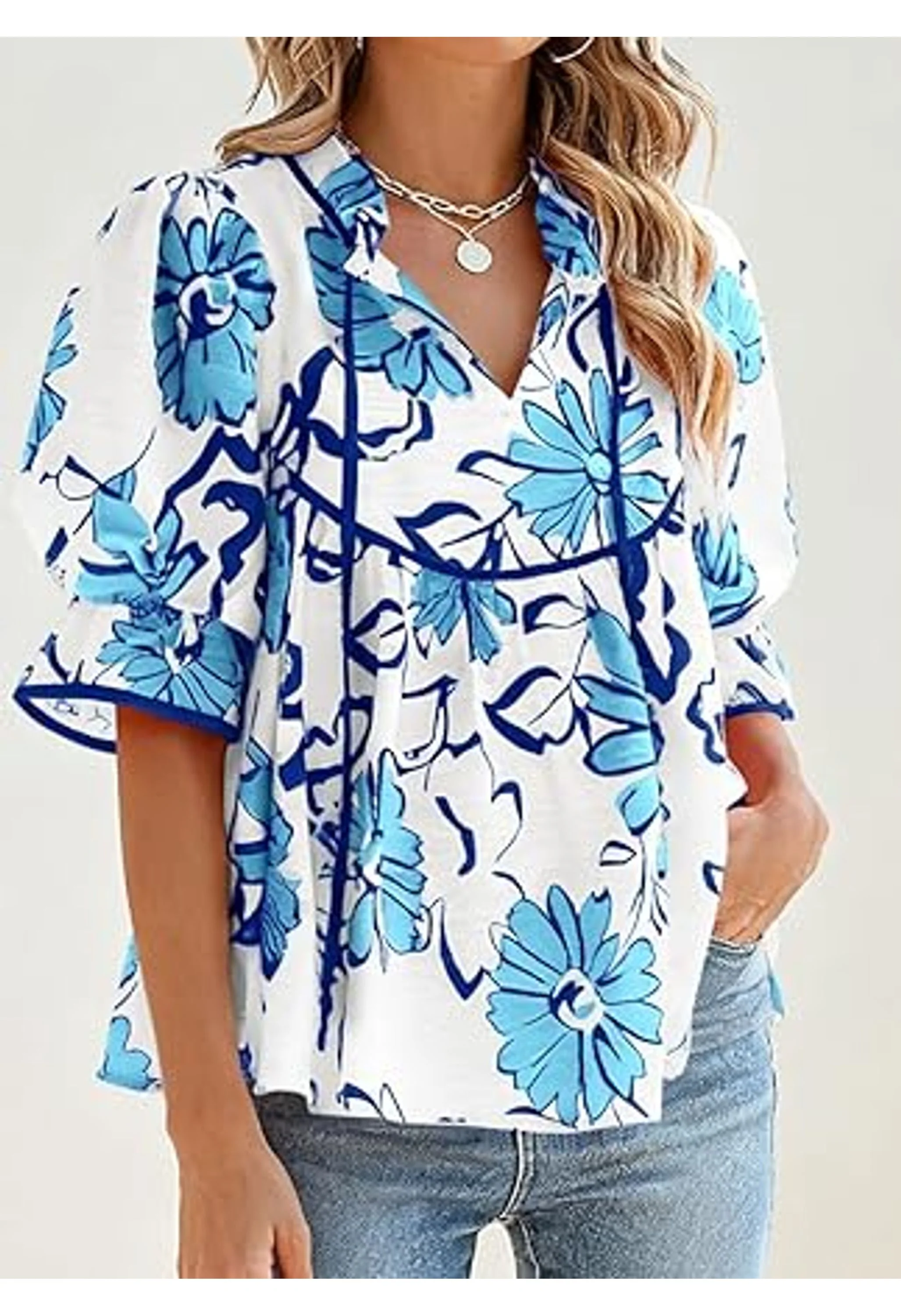 Women Summer Boho Floral Puff Sleeve Babydoll Top - Image 2