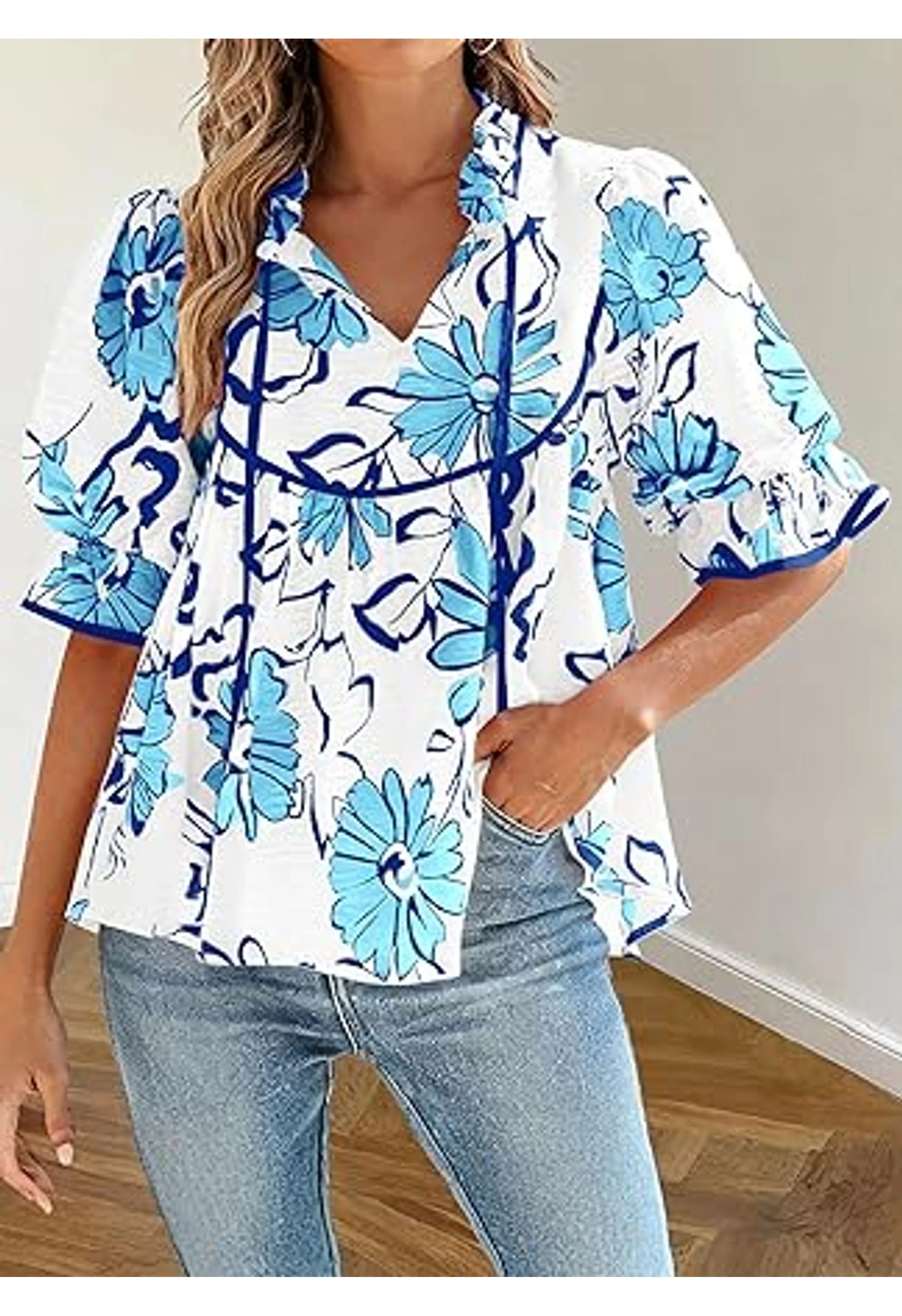 Women Summer Boho Floral Puff Sleeve Babydoll Top - Image 3