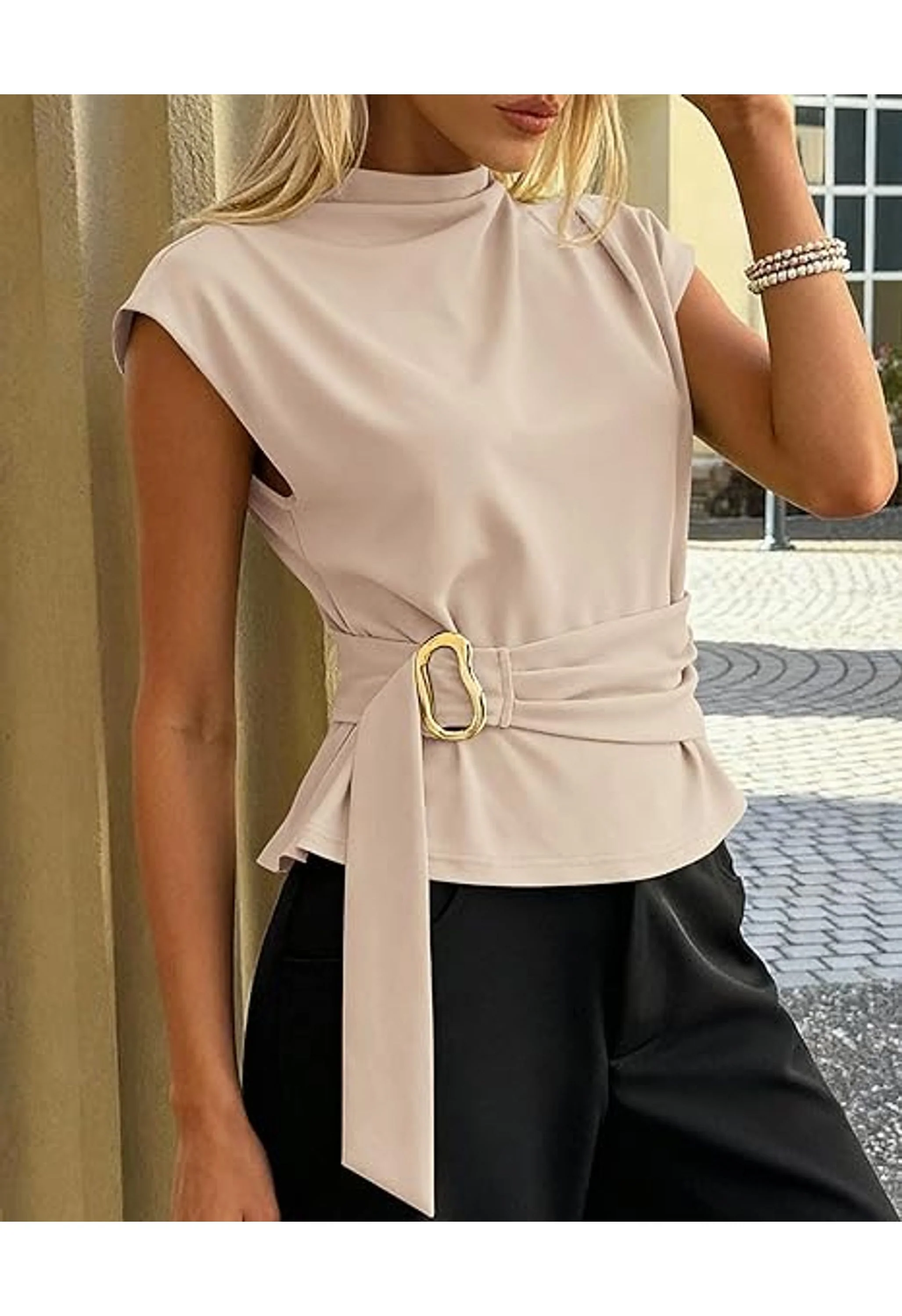 Women Blouses Spring Dressy Cap Sleeve Mock Neck - Image 3