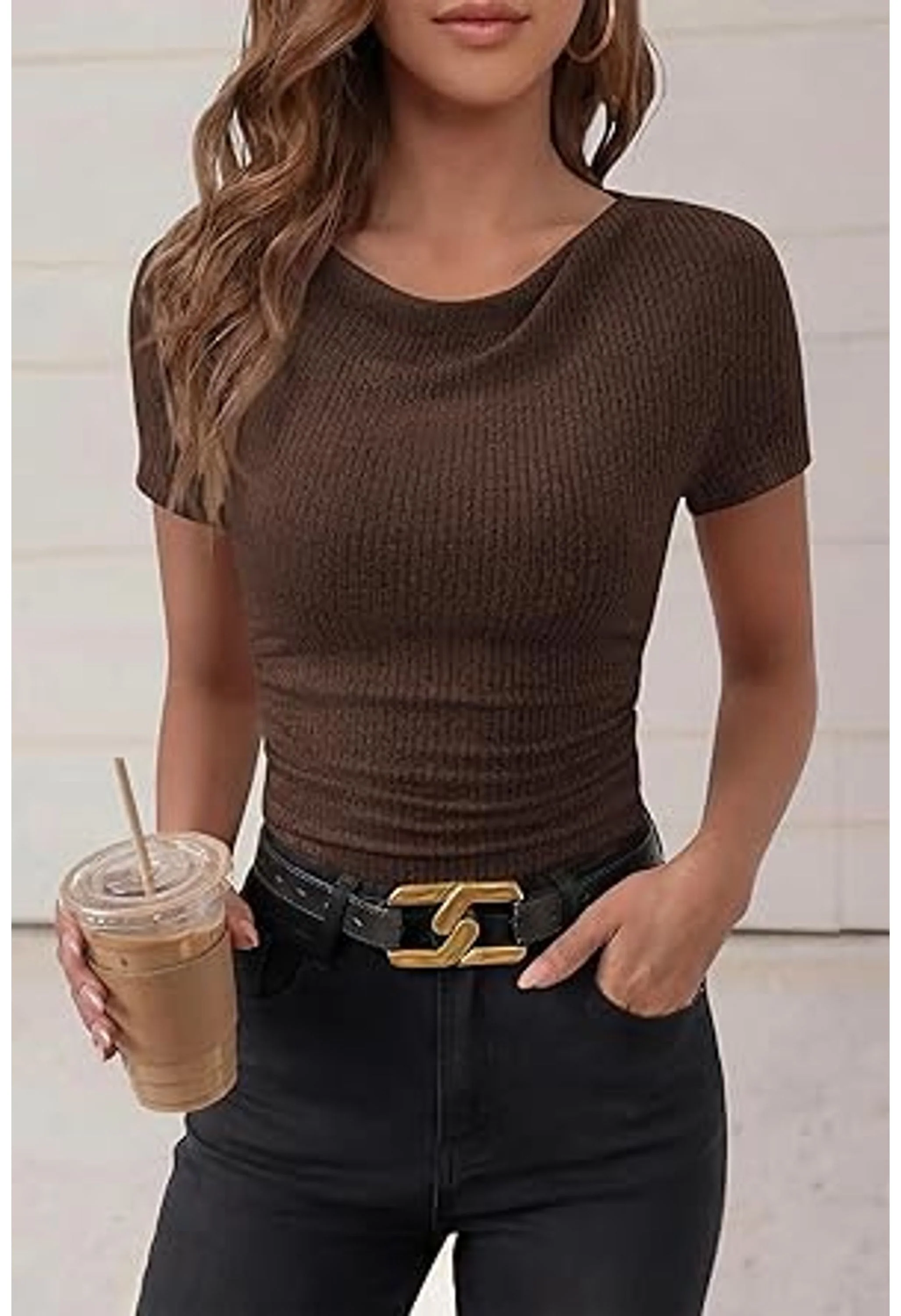 Women Summer Ribbed Cowl Neck Crop Top - Image 3