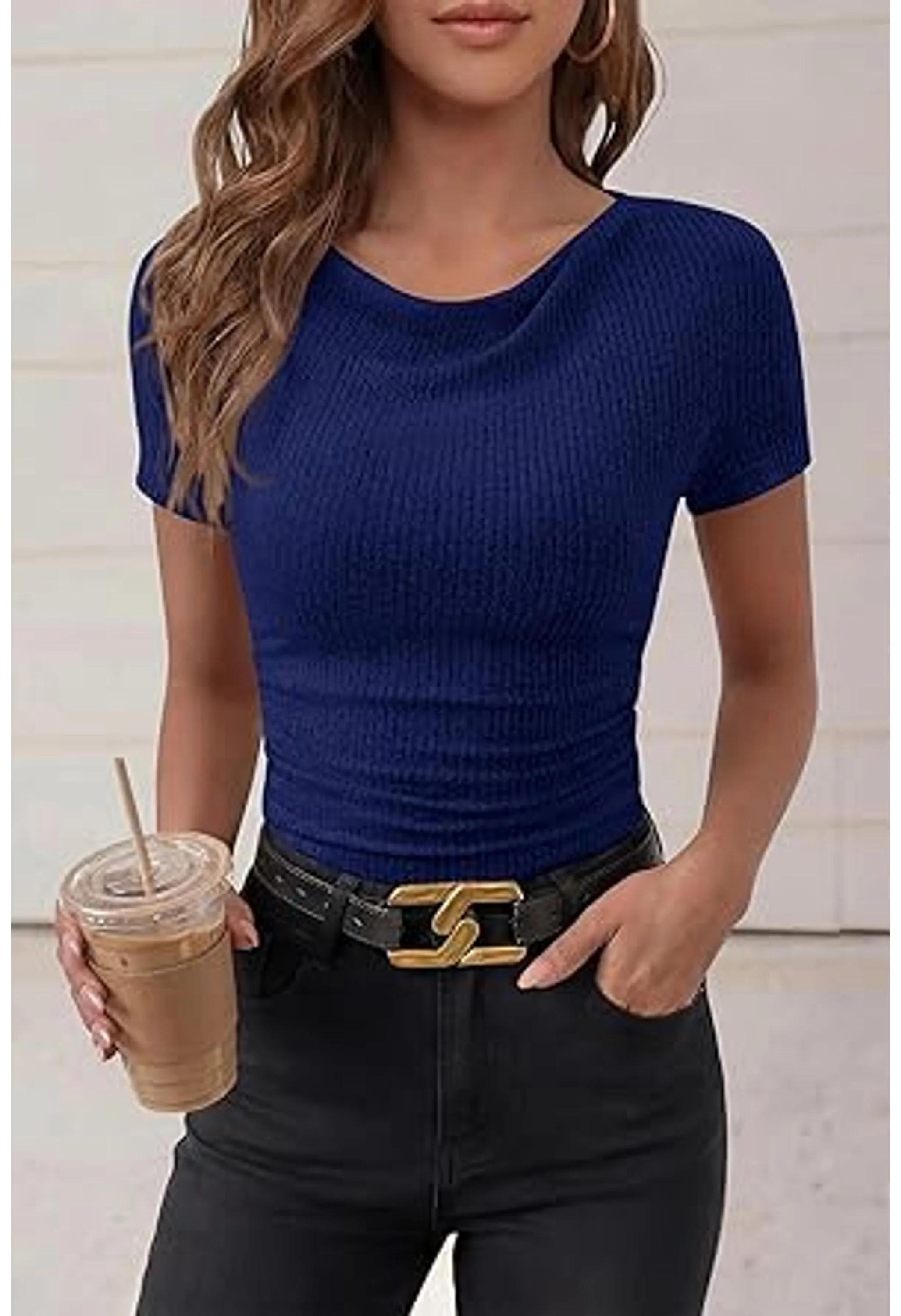 Women Summer Ribbed Cowl Neck Crop Top - Image 3