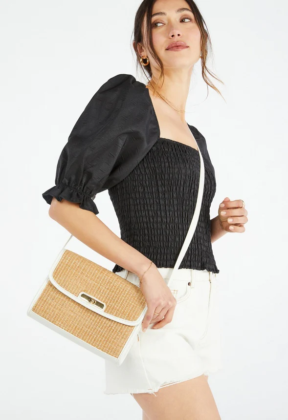 Raffia Crossbody With Faux Leather Trim - Image 2