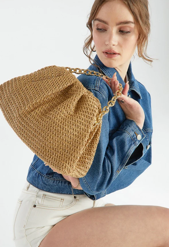 Raffia Ruched Clutch With Chain - Image 2