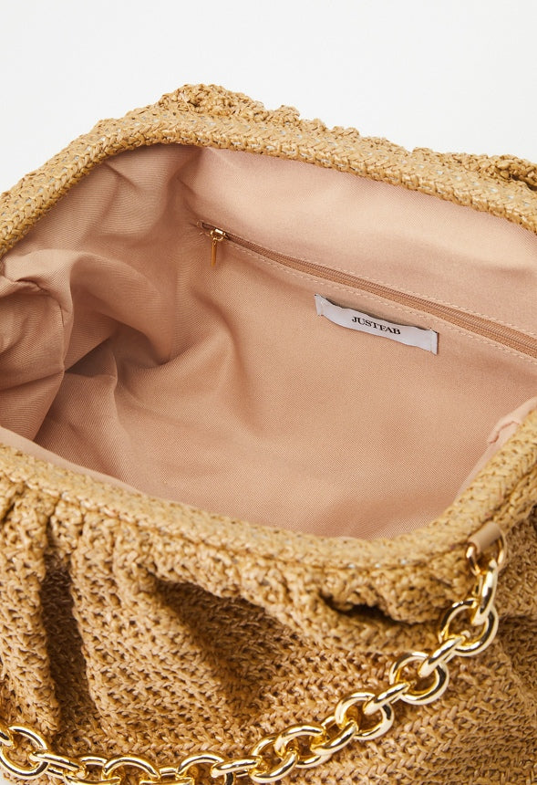 Raffia Ruched Clutch With Chain - Image 4