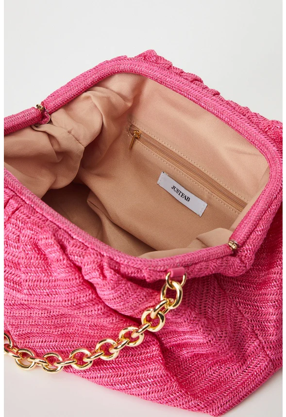 Raffia Ruched Clutch With Chain - Image 5