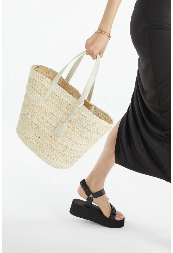 Raffia Tote Set With Faux Leather Trims - Image 3