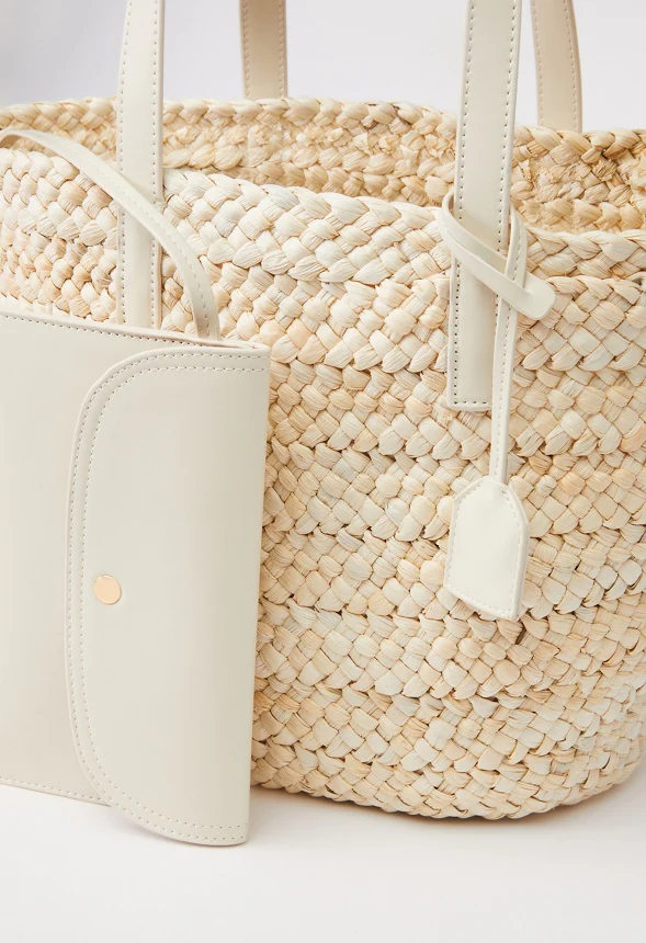 Raffia Tote Set With Faux Leather Trims - Image 5