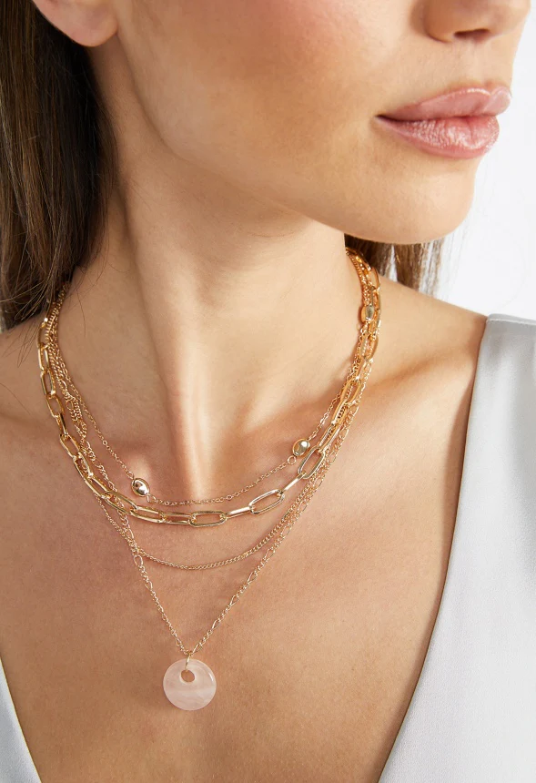Raya Layered Chain Necklace With Semi Precious Rose Quartz Disc Drop