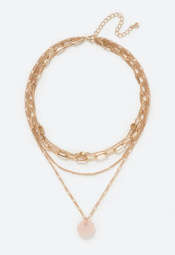 Raya Layered Chain Necklace With Semi Precious Rose Quartz Disc Drop - Image 2