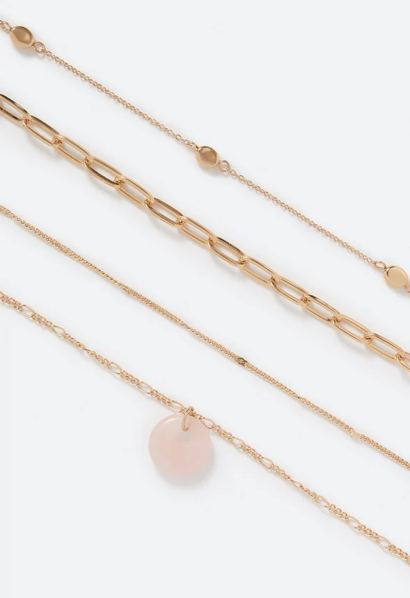 Raya Layered Chain Necklace With Semi Precious Rose Quartz Disc Drop - Image 3