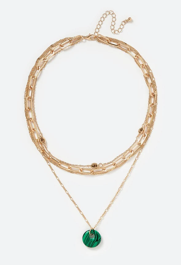 Raya Layered Chain Necklace With Semi Precious Rose Quartz Disc Drop - Image 2
