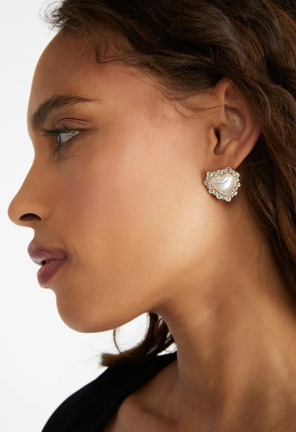 Reese Crystal and Pearl Heart Stud Earrings - Image 2