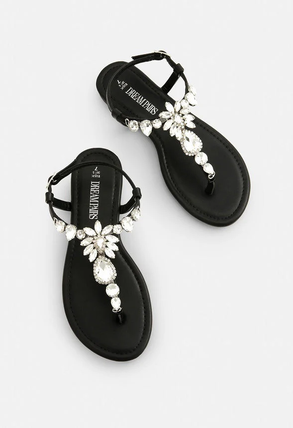 Women Dressy Rhinestone T-Strap Thong Flat Sandals - Image 3