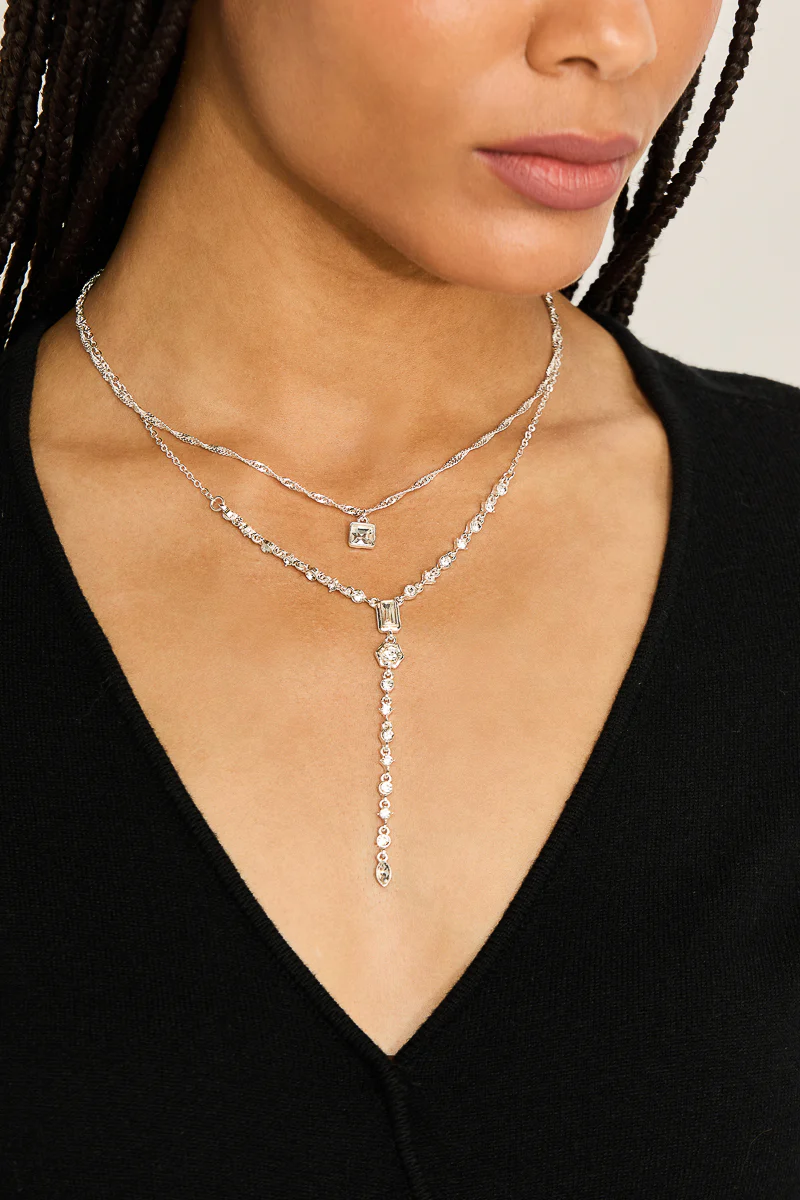 Rosa 2 Row Glass Stone and Mixed Chains Y Necklace - Image 2