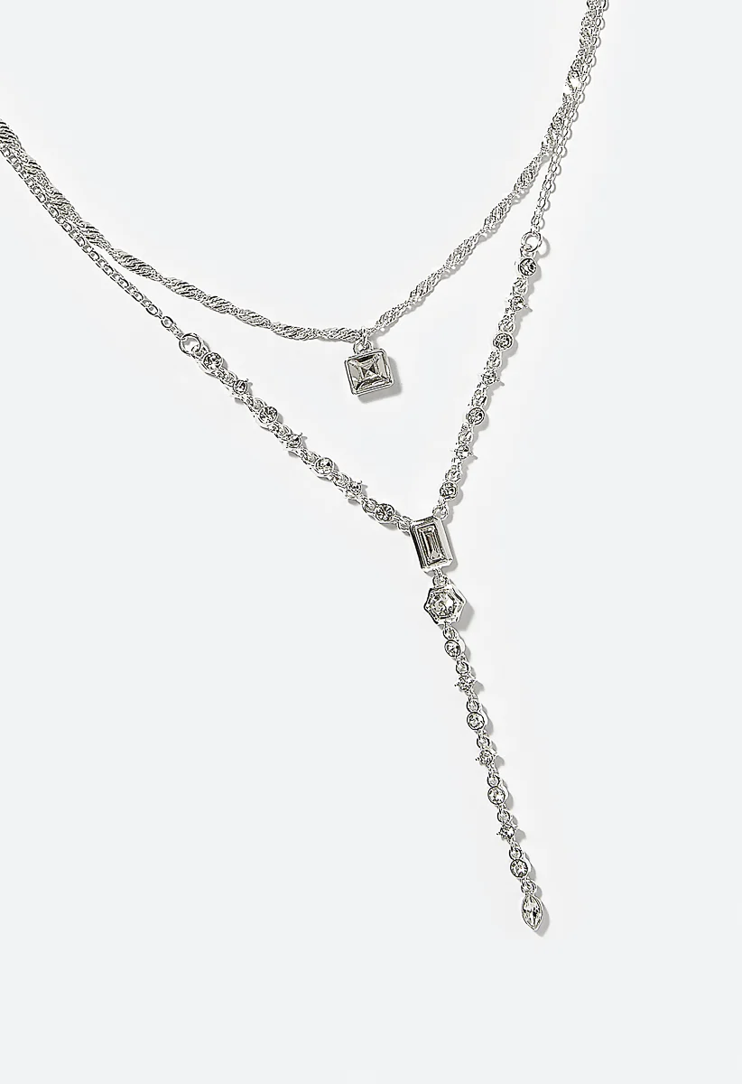 Rosa 2 Row Glass Stone and Mixed Chains Y Necklace - Image 4