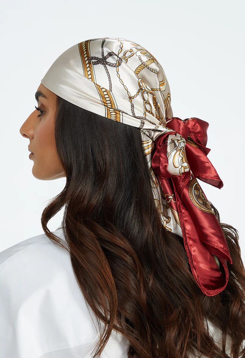 Ruby Mixed Chain Print Silk Like Scarf With Red Border - Image 2