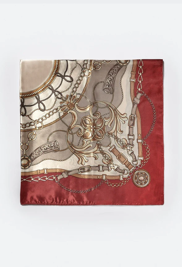 Ruby Mixed Chain Print Silk Like Scarf With Red Border - Image 3